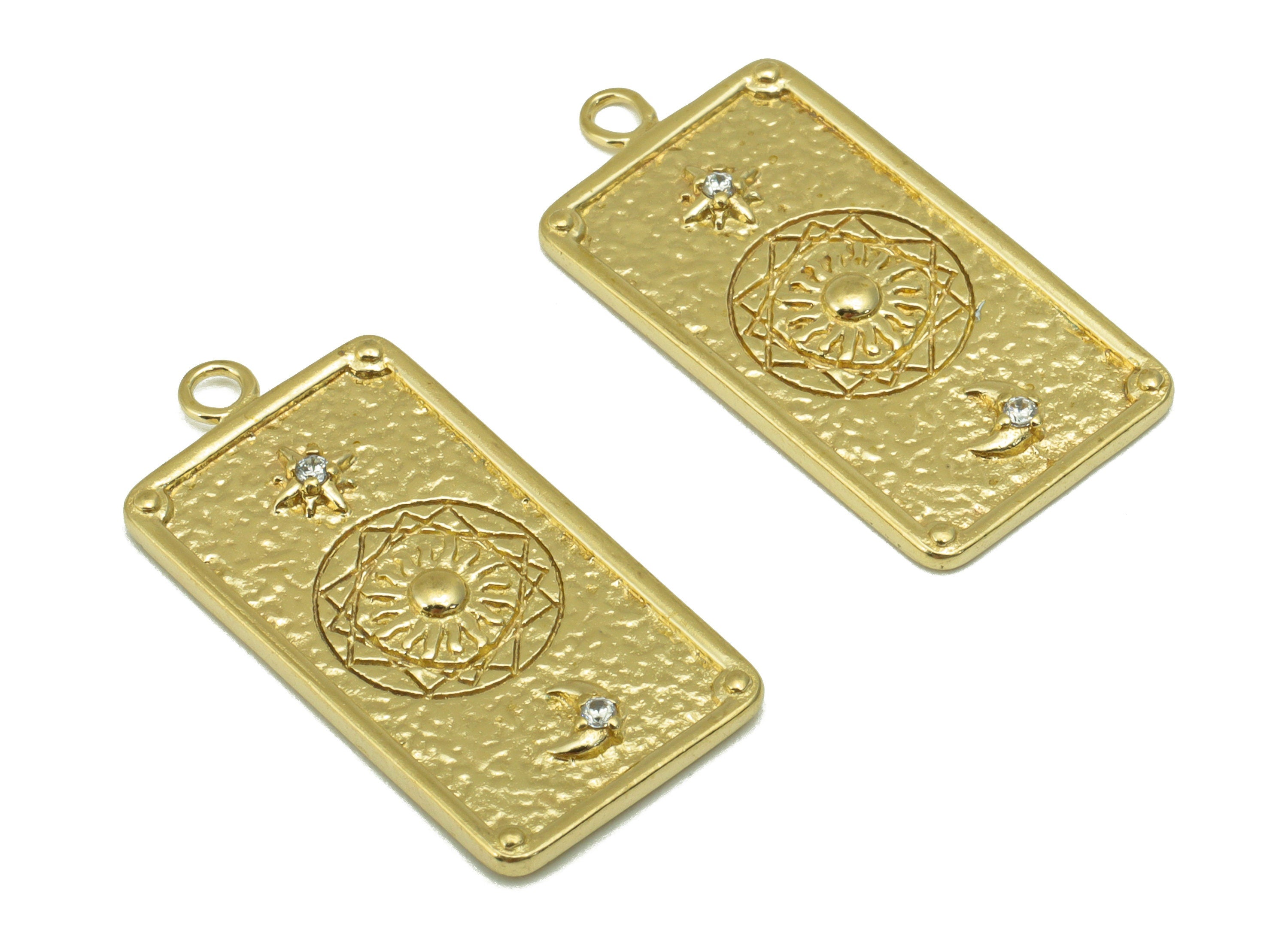 Brass Rectangle Pendant - Hammered Brass - North Star Moon - Crescent Cubic Zircon --Jewelry Supplies -27x 13 x 1.33mm --PP8460 - DOMEDBAZAAR