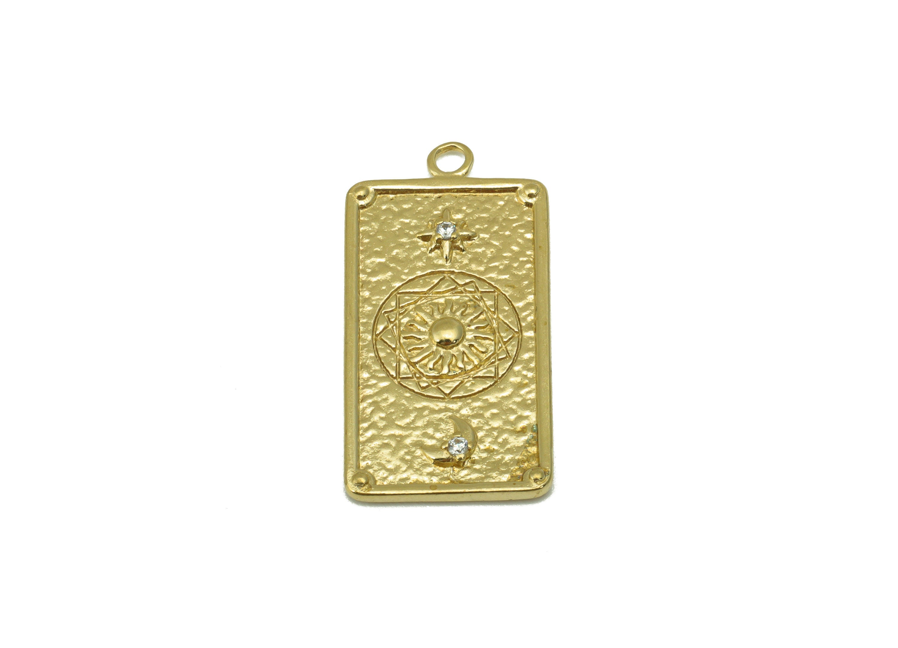Brass Rectangle Pendant - Hammered Brass - North Star Moon - Crescent Cubic Zircon --Jewelry Supplies -27x 13 x 1.33mm --PP8460 - DOMEDBAZAAR