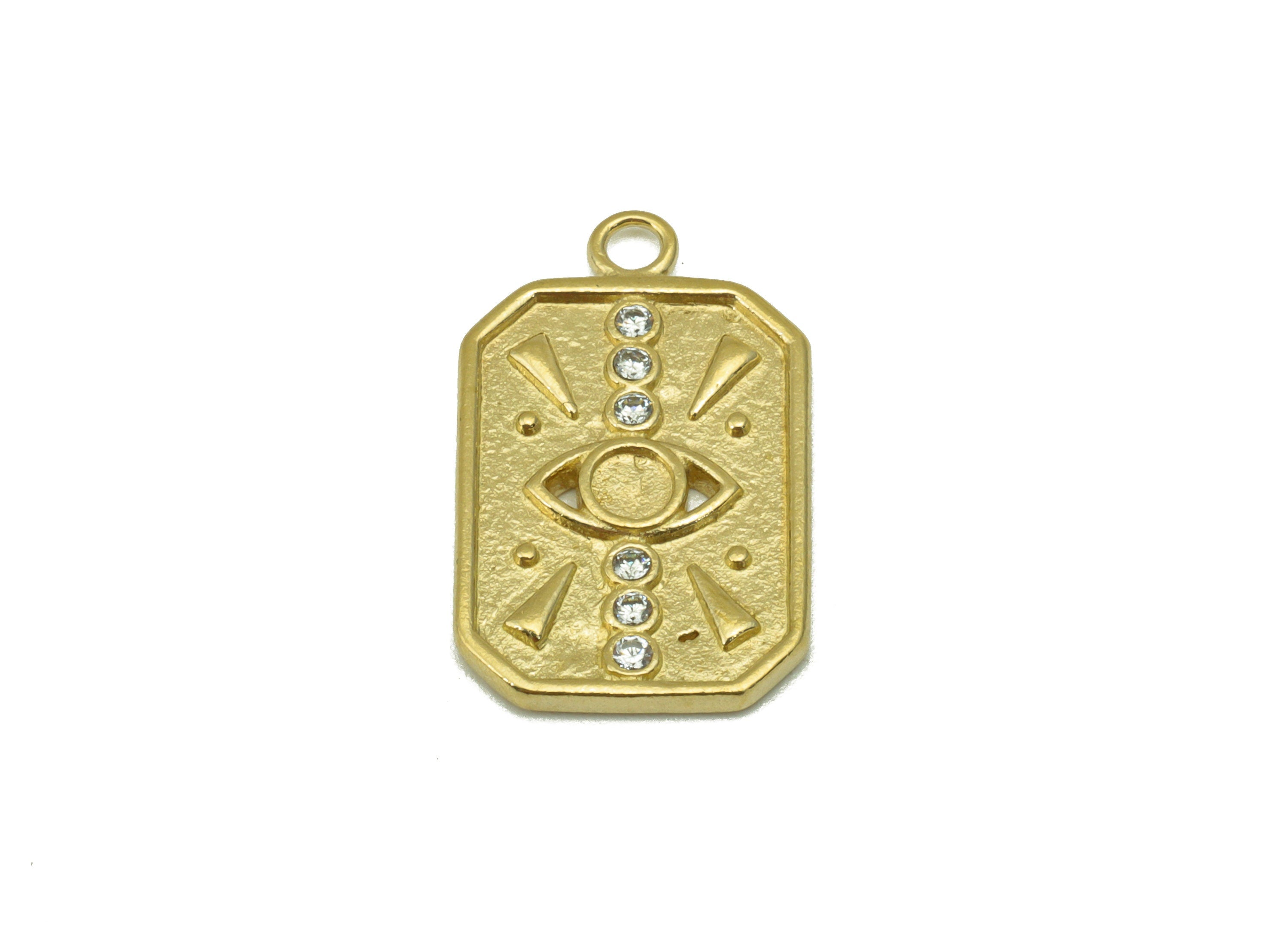 Brass Rectangle Eye Pendant - Raw Brass -Cubic Zircon - For Necklace - Jewelry Supplies -20x 12.6x 1.68mm-PP8457 - DOMEDBAZAAR