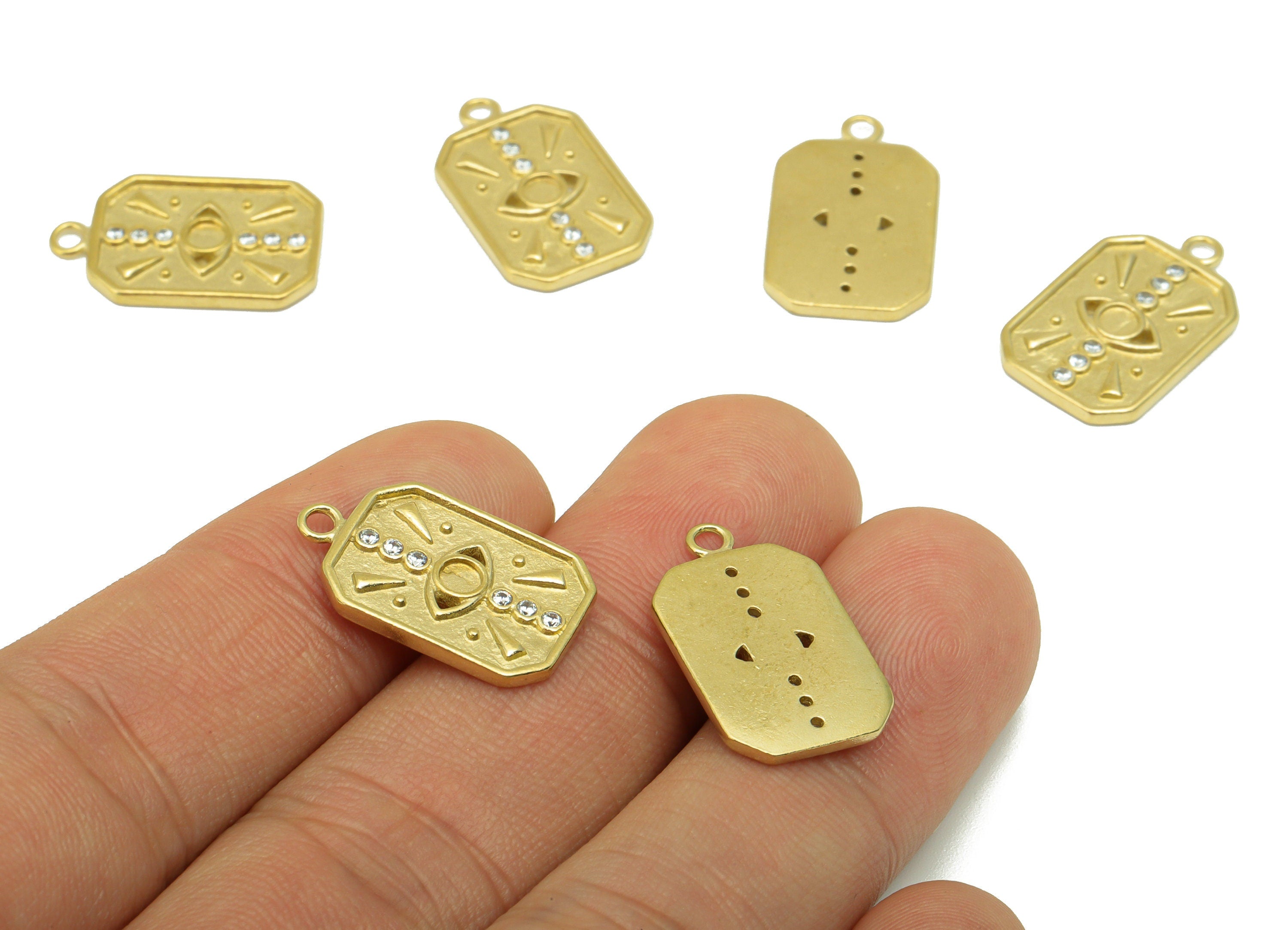 Brass Rectangle Eye Pendant - Raw Brass -Cubic Zircon - For Necklace - Jewelry Supplies -20x 12.6x 1.68mm-PP8457 - DOMEDBAZAAR