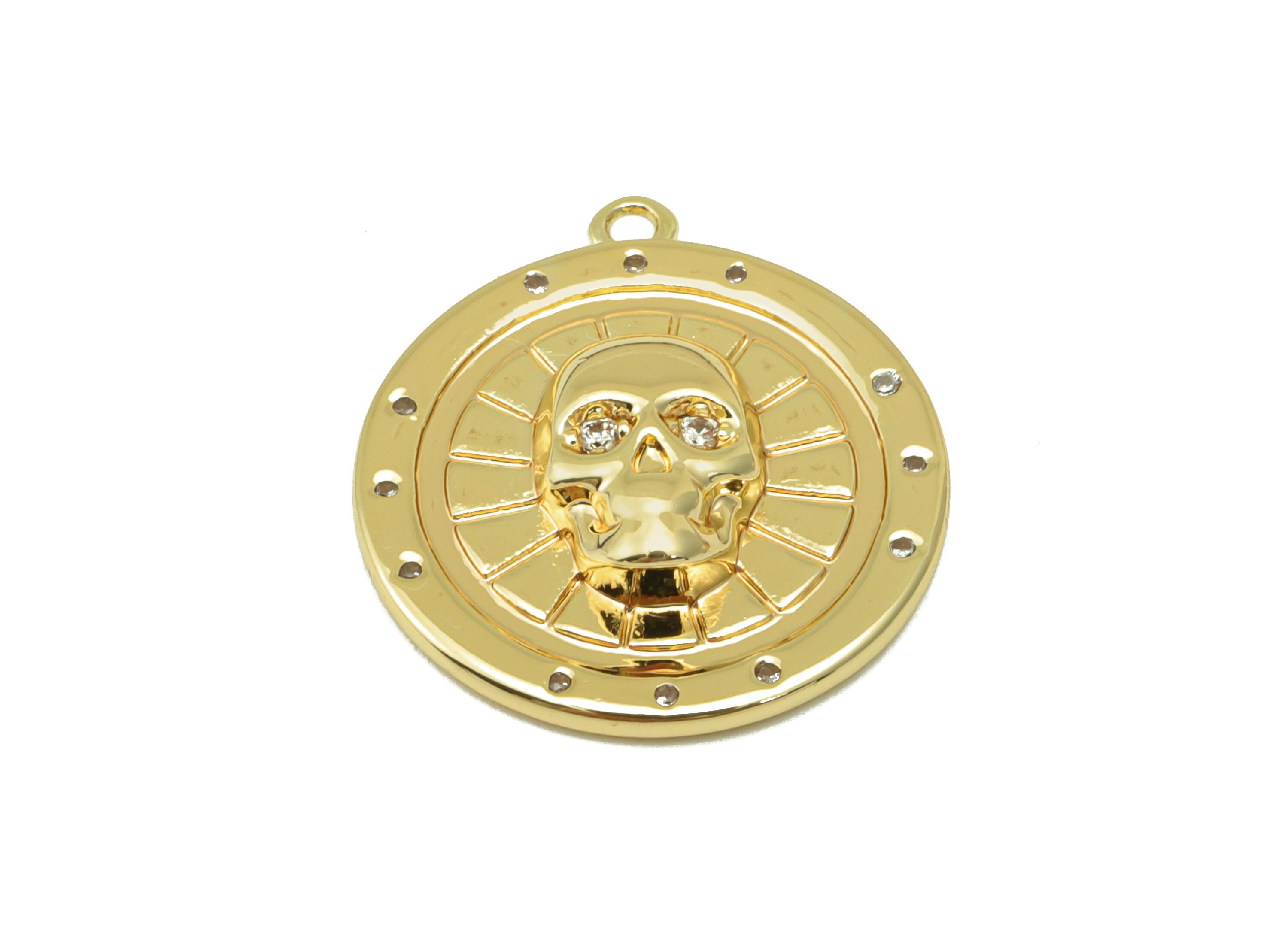Brass Round Earring Charm - Skull Cubic Zirconia Charm - Brass CZ Skull Pendant - 18k Real Gold Plated - 19.73x 17.76 x 3.69mm- RGP6488 - DOMEDBAZAAR