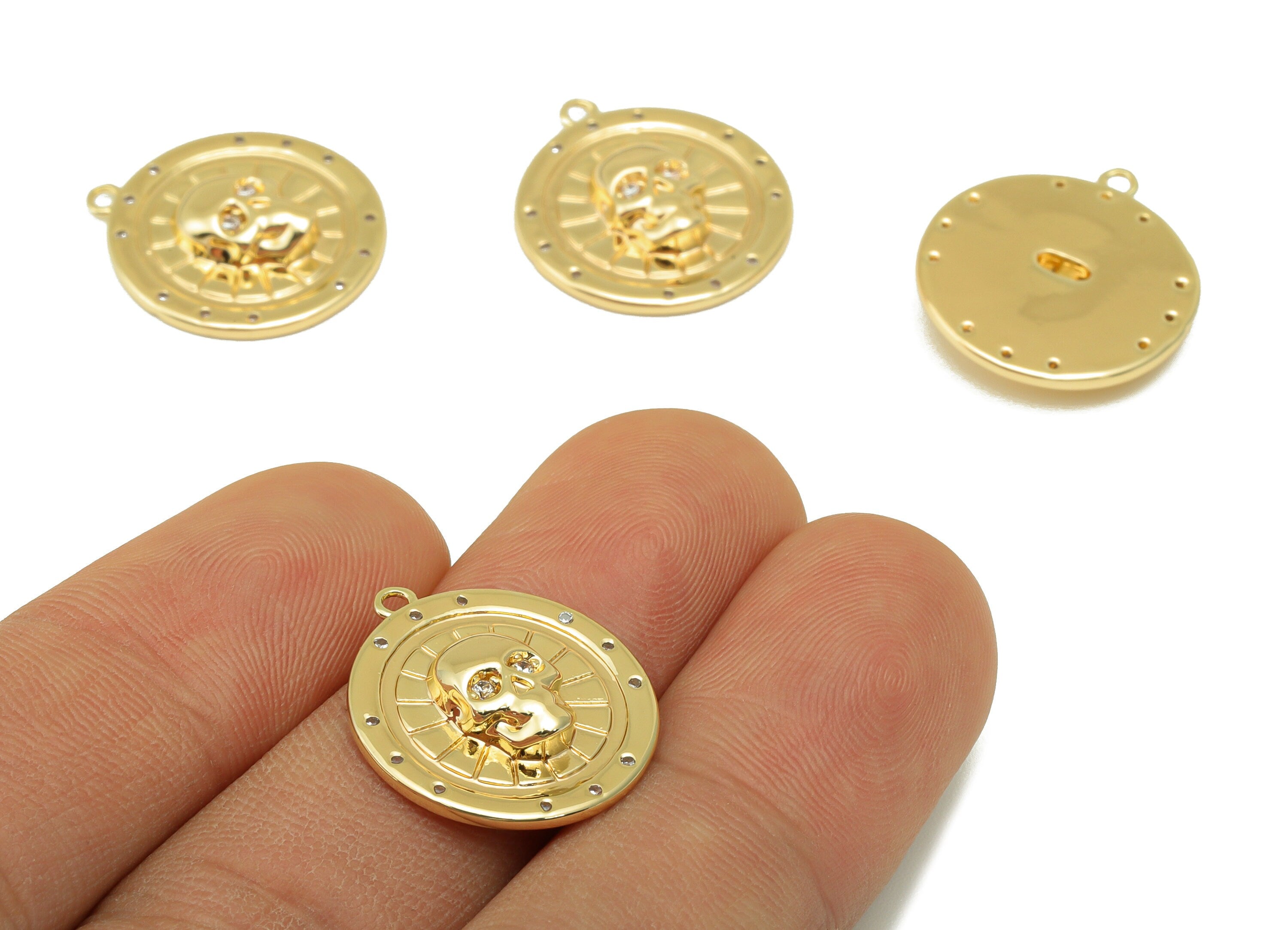 Brass Round Earring Charm - Skull Cubic Zirconia Charm - Brass CZ Skull Pendant - 18k Real Gold Plated - 19.73x 17.76 x 3.69mm- RGP6488 - DOMEDBAZAAR