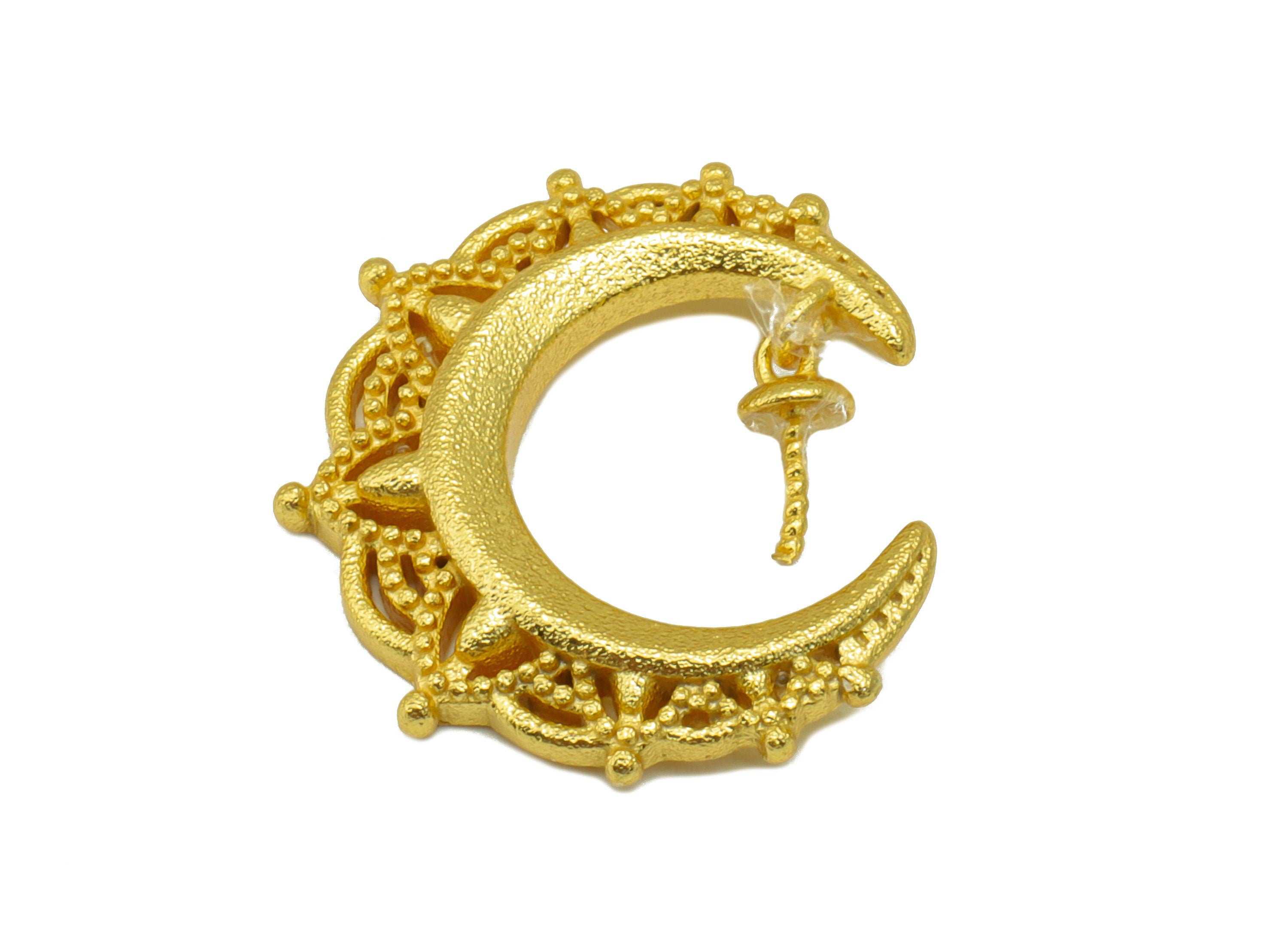 Brass Crescent Earring Charm - Brass Crown Frame Crescent Earring - Moon Pendant for Pearl - 18k Real Gold Plated - 19x18.09x2.46mm- RGP6489 - DOMEDBAZAAR