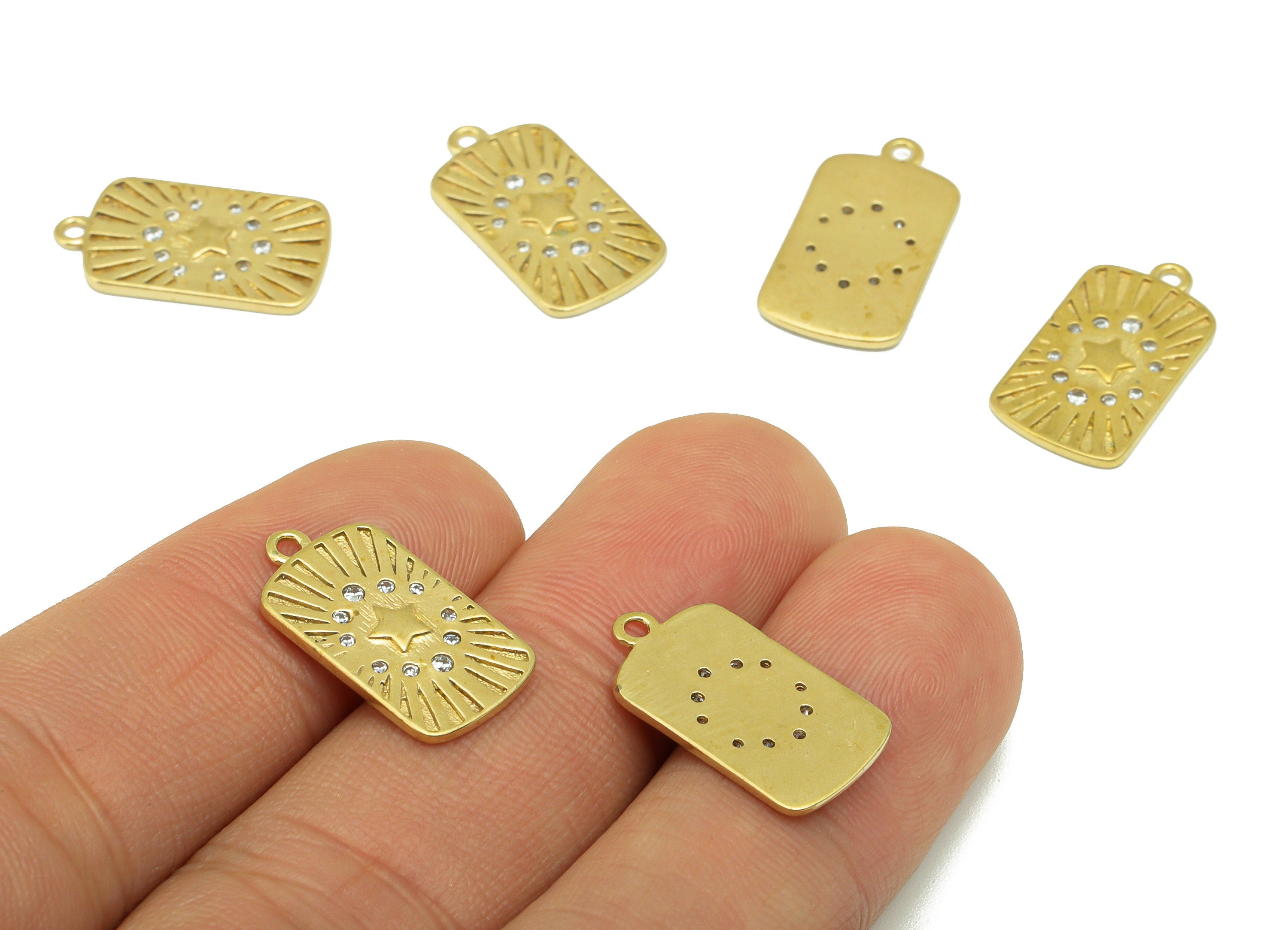 Brass Rectangle Star Pendant -Sun Patterned Brass Charm - Brass Zircon - For Necklace - Jewelry Supplies -18.9x 10x 1.24mm --PP8492 - DOMEDBAZAAR