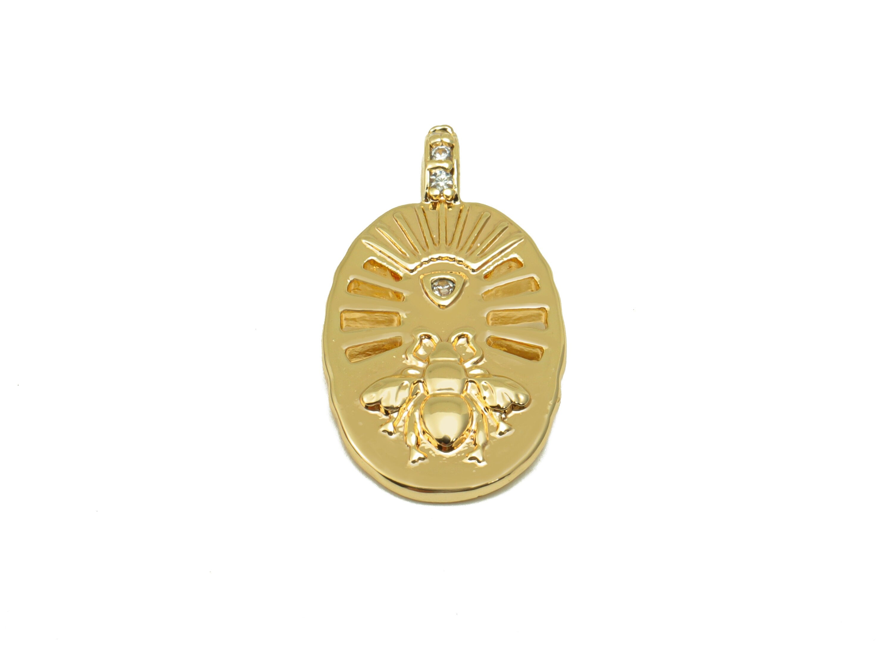 Brass Ellipse Earring Charm - Brass Bee Cubic Zirconia Charm - Insect Pendant for Pearl - 18k Real Gold Plated - 21.88x11.81x1.66mm- RGP6493 - DOMEDBAZAAR