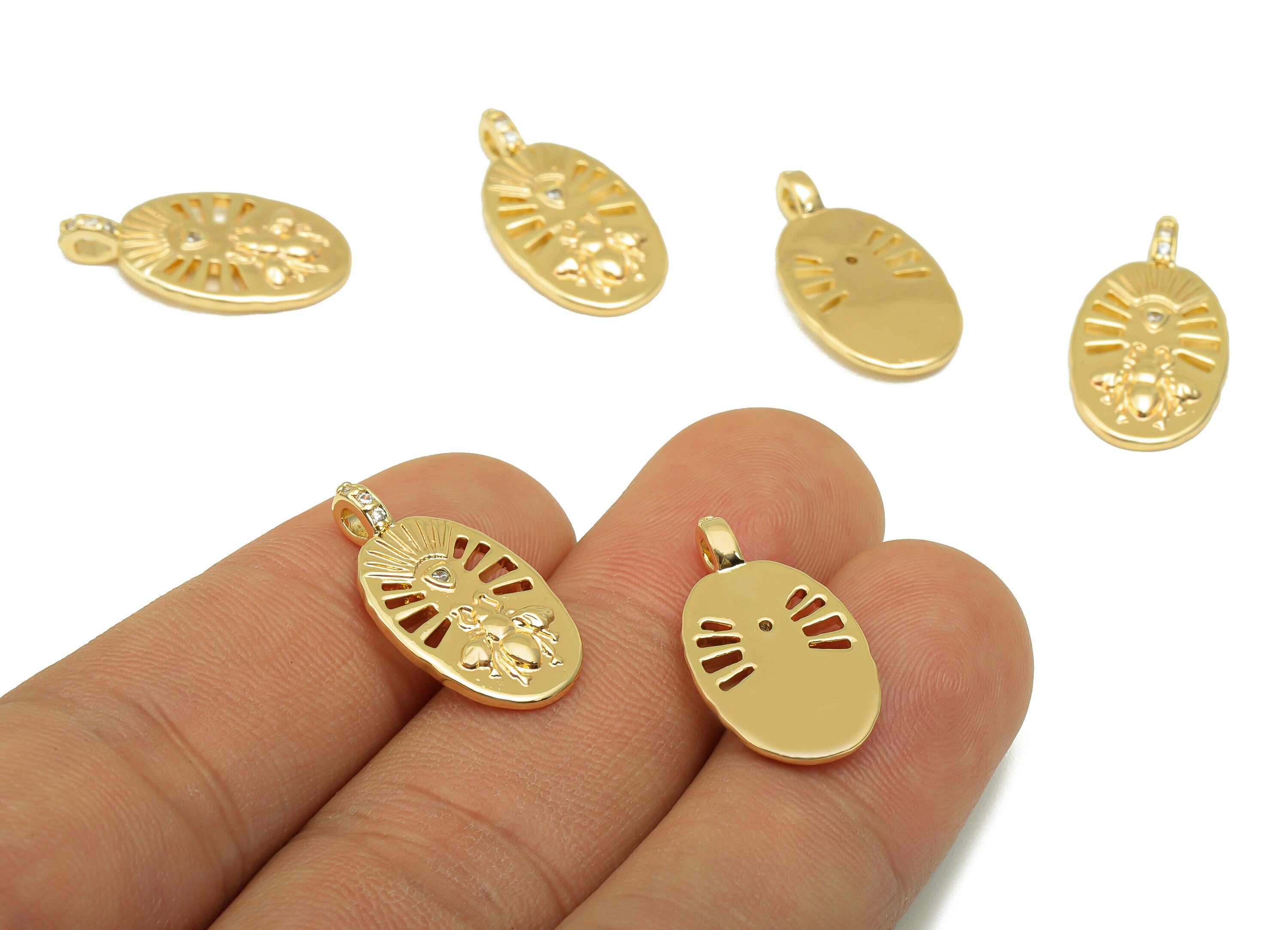 Brass Ellipse Earring Charm - Brass Bee Cubic Zirconia Charm - Insect Pendant for Pearl - 18k Real Gold Plated - 21.88x11.81x1.66mm- RGP6493 - DOMEDBAZAAR
