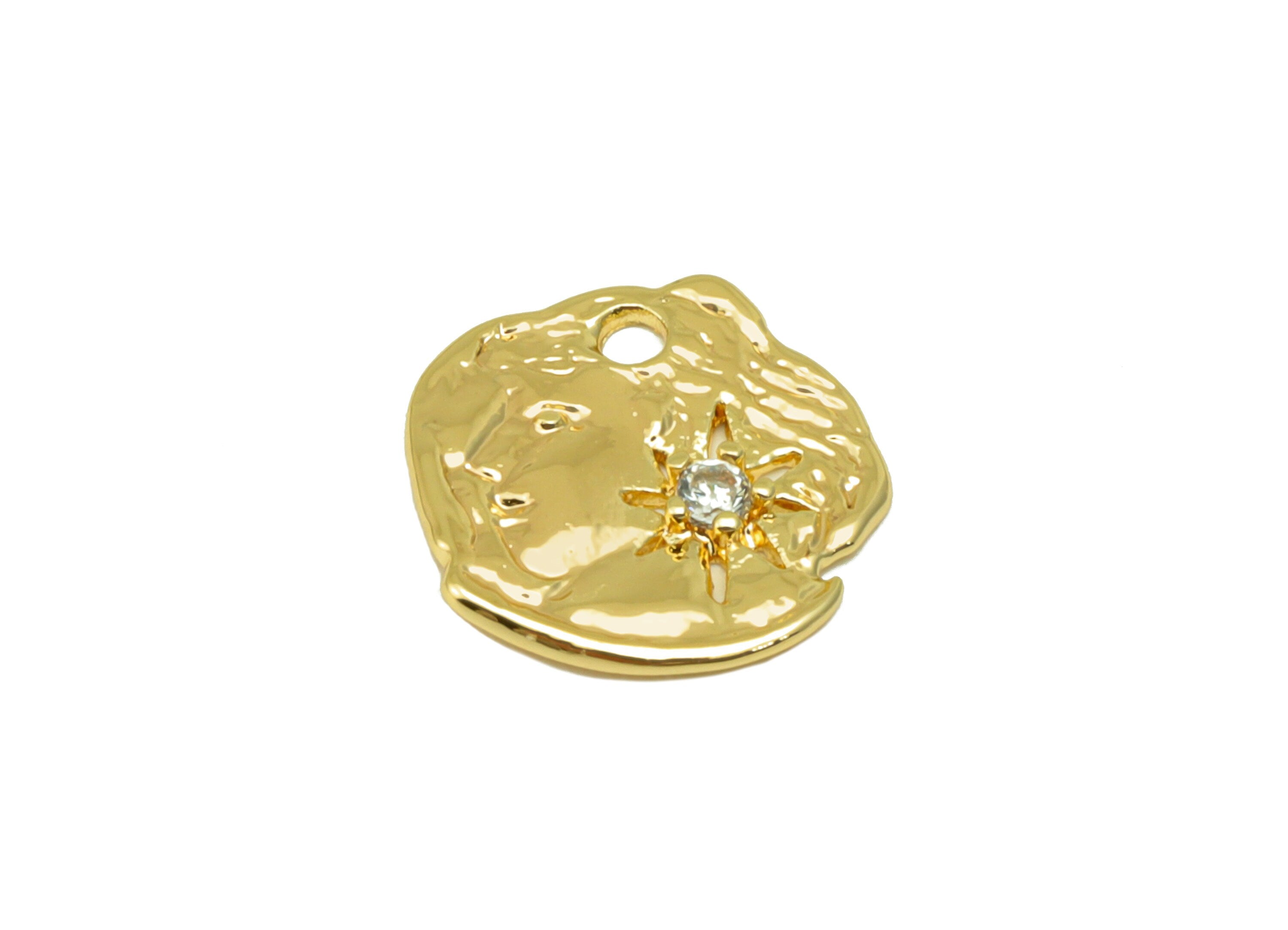 Brass Irregular Earring Charm - Brass North Star Cubic Zirconia Charm - Antique Looking Pendant- 18k Real Gold Plated -12x12x0.86mm- RGP6497 - DOMEDBAZAAR
