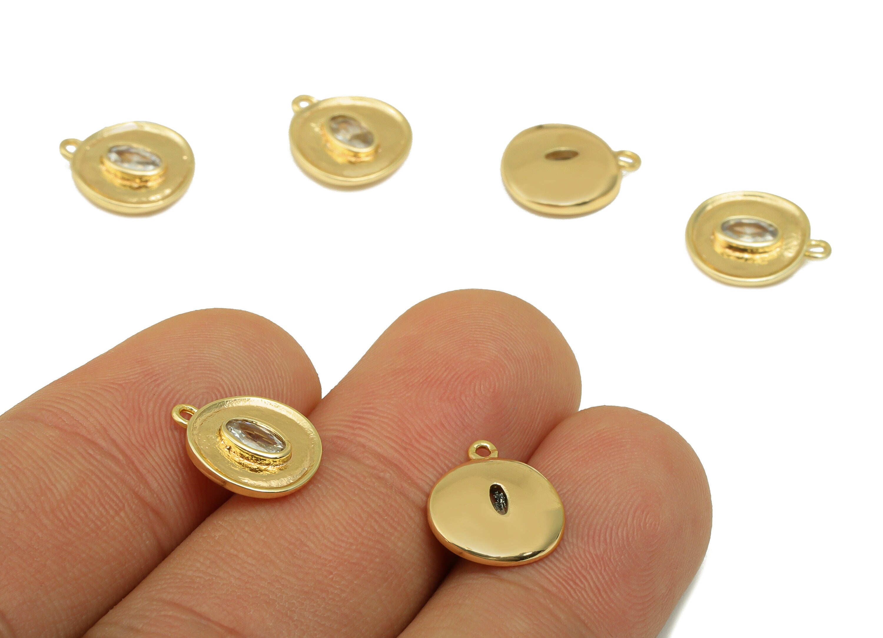 Brass Bent Round Charm - Brass Oval Cubic Zirconia Earring Charm - Textured Pendant- 18k Real Gold Plated - 12.6 x 10.77 x 2.77mm- RGP6515 - DOMEDBAZAAR
