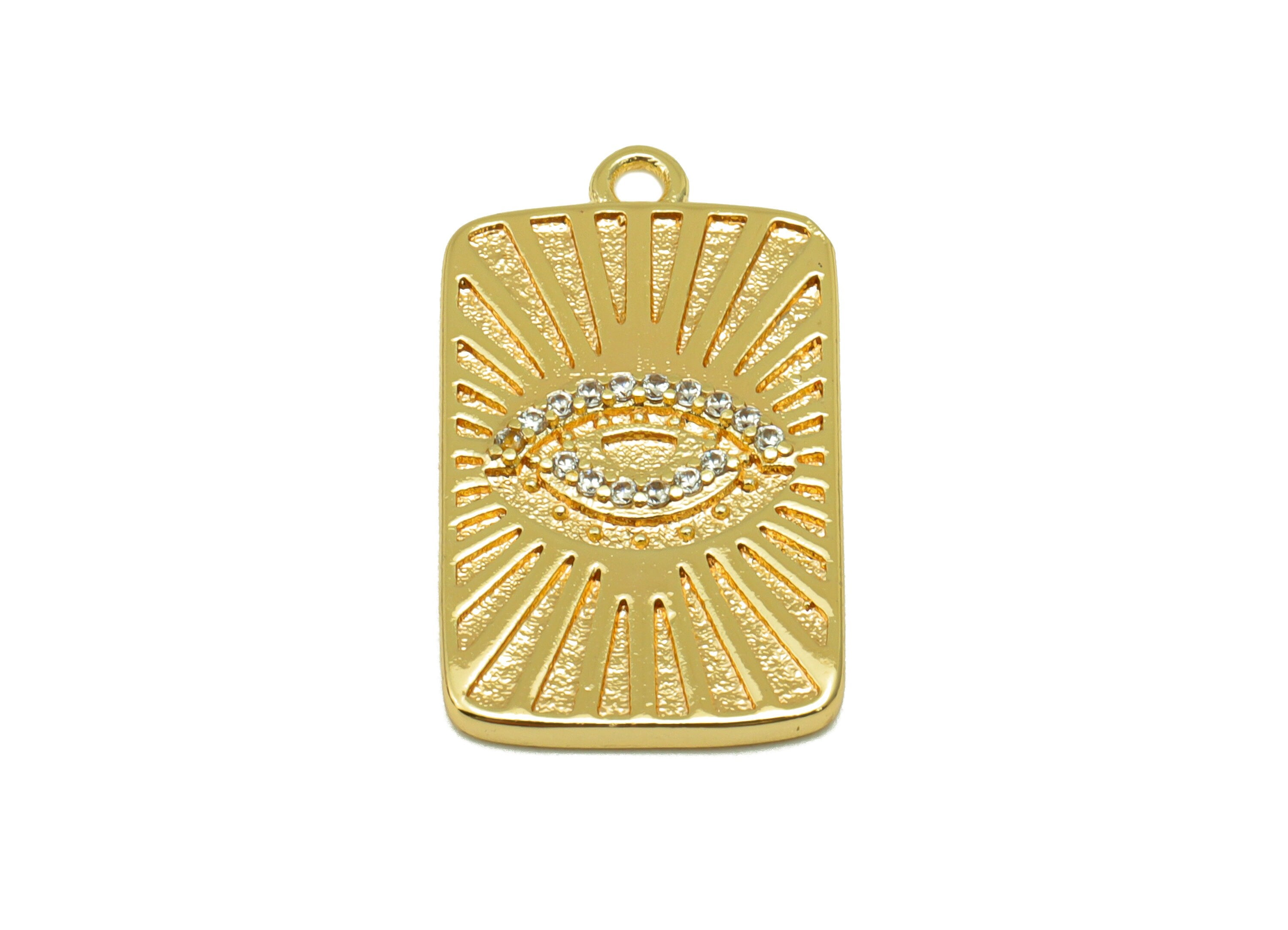 Brass Rectangle Earring Charm - Eye Cubic Zirconia Charm - Textured Pendant - For Necklace - 18k Real Gold Plated - 23.38x13.38x2mm- RGP6505 - DOMEDBAZAAR