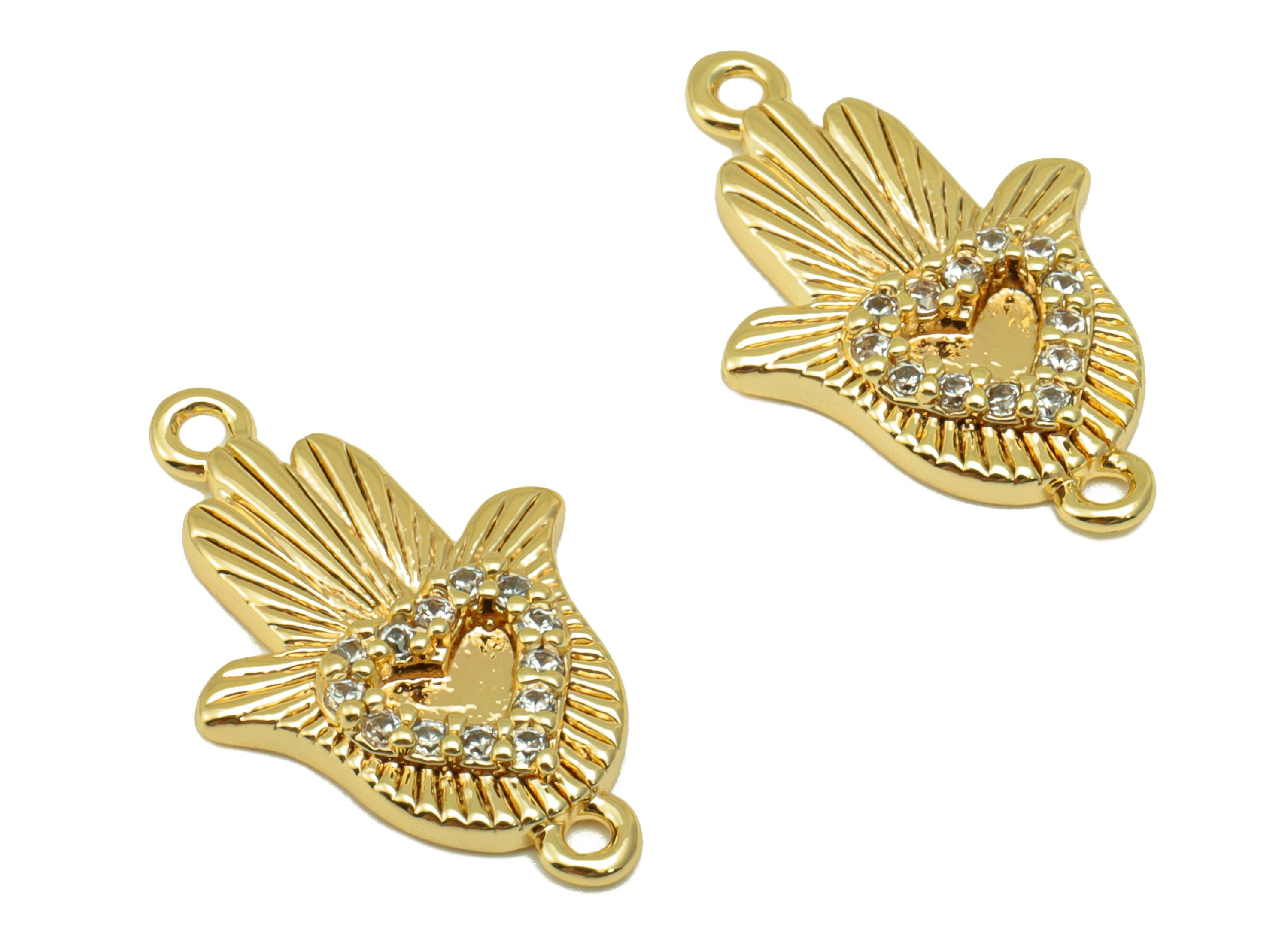 Brass Hamsa Earring Connector -Textured Heart Cubic Zirconia Charm - CZ Pendant - Bracelet Connector - 8k Real Gold Plated-19x12x2mm-RGP6556 - DOMEDBAZAAR
