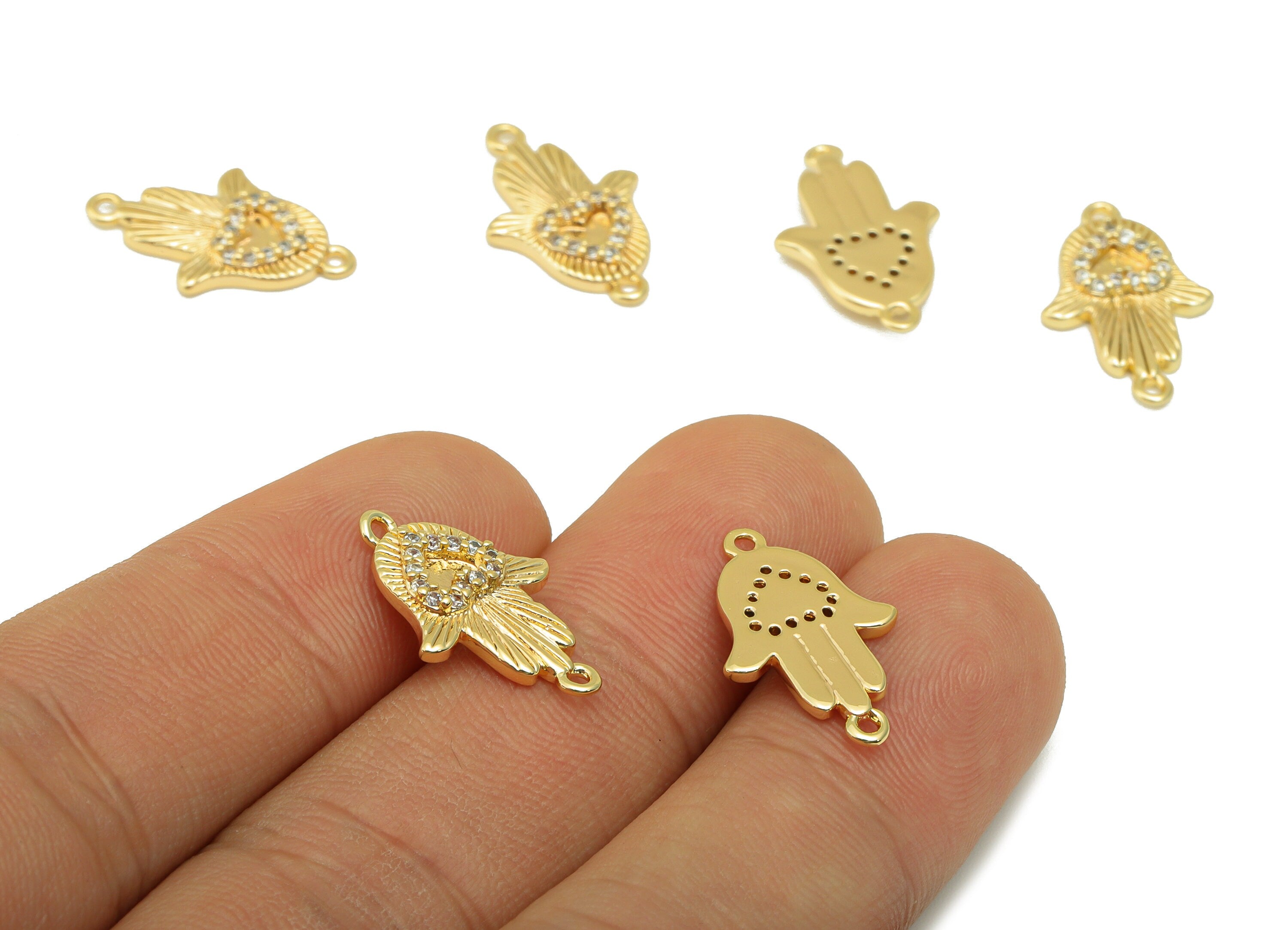 Brass Hamsa Earring Connector -Textured Heart Cubic Zirconia Charm - CZ Pendant - Bracelet Connector - 8k Real Gold Plated-19x12x2mm-RGP6556 - DOMEDBAZAAR