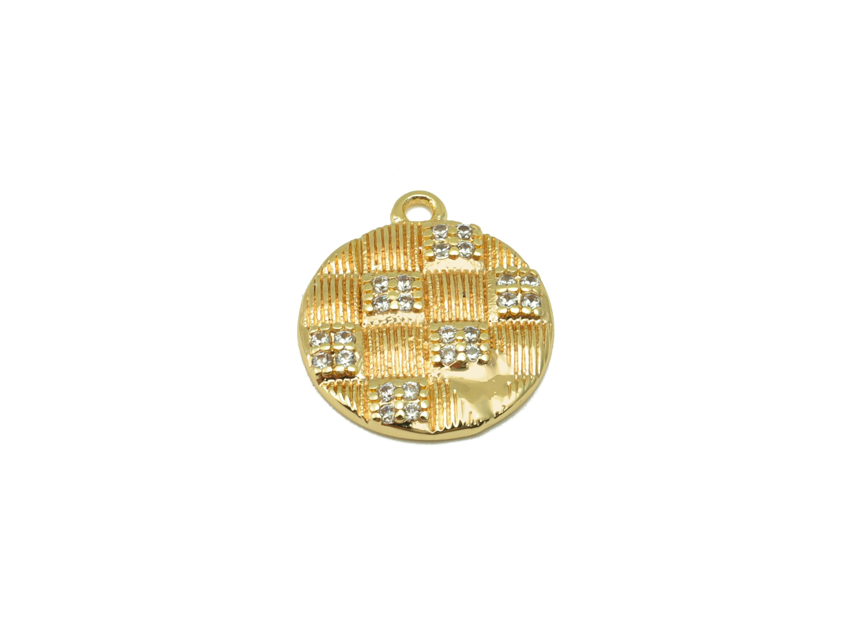 Brass Round Earring Charm - Brass Square Cubic Zirconia Charm - Gold CZ Pendant - 18k Real Gold Plated - 13.74 x 11.97 x 1.66mm- RGP6572 - DOMEDBAZAAR
