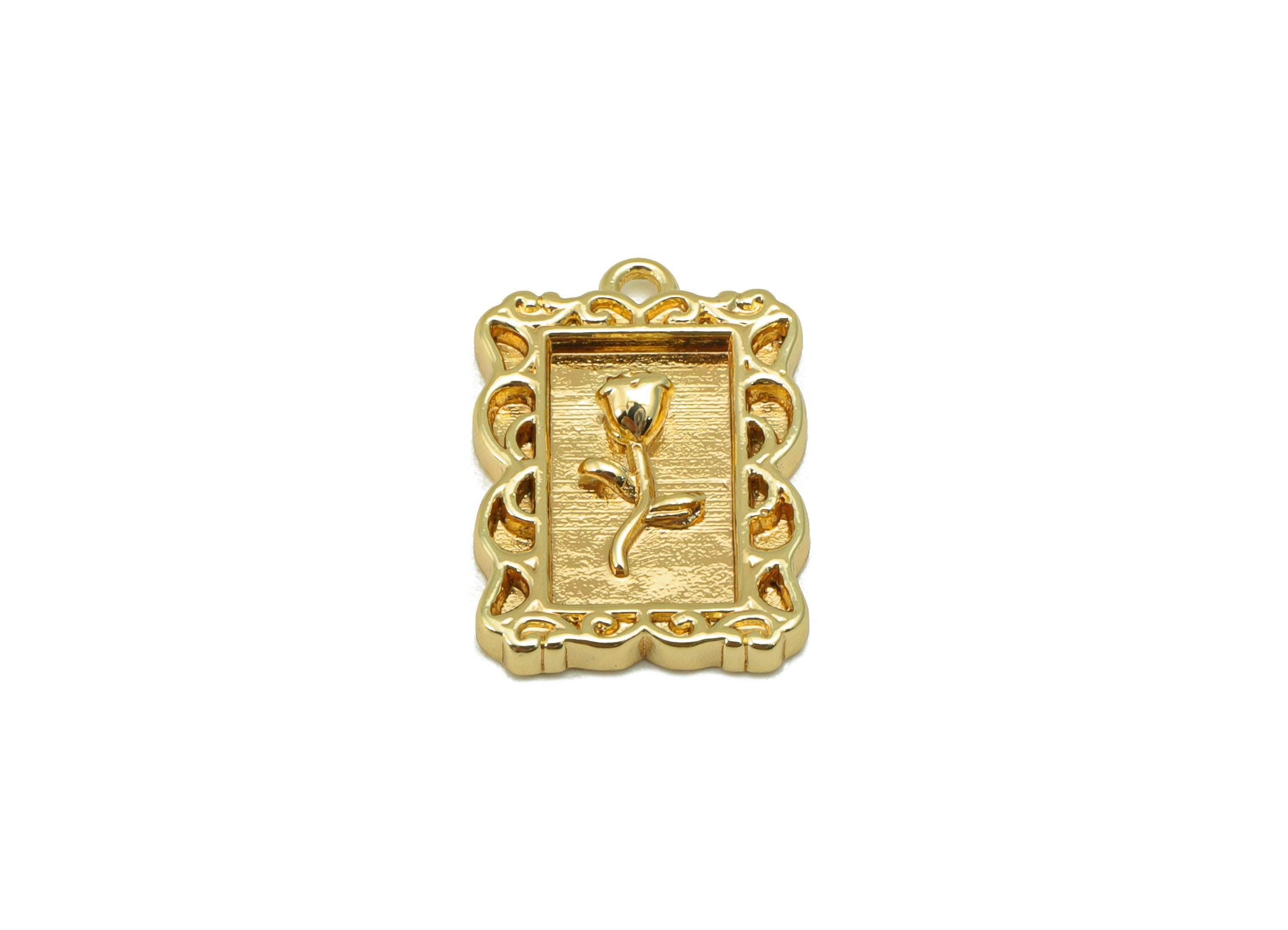 Brass Rose Charm - Brass Flower For Pendant - Lace Rectangle Rose Charm - For Necklace - 18K Real Gold Plated - 17.27x 12 x 1.91mm - RGP6227 - DOMEDBAZAAR
