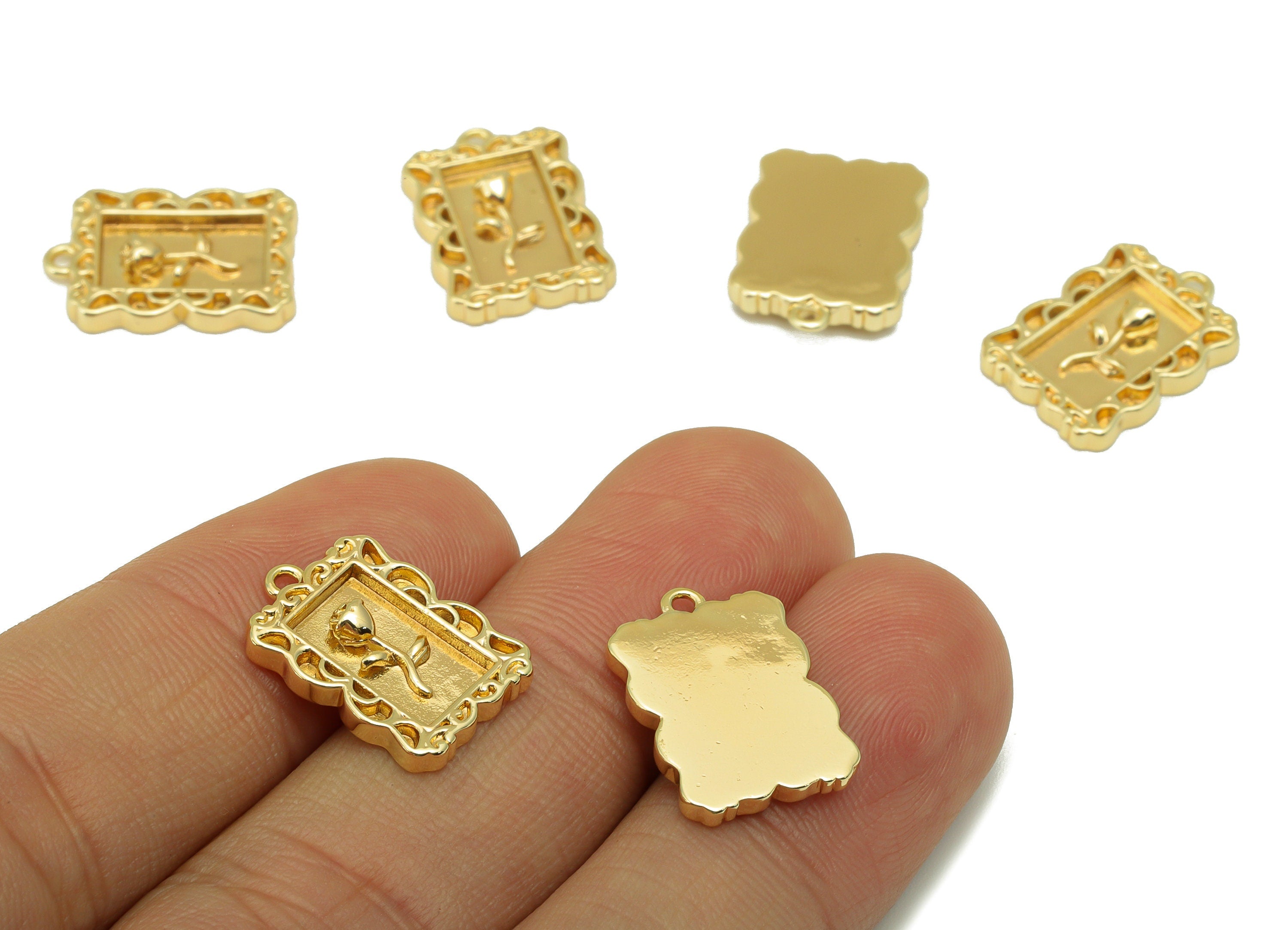 Brass Rose Charm - Brass Flower For Pendant - Lace Rectangle Rose Charm - For Necklace - 18K Real Gold Plated - 17.27x 12 x 1.91mm - RGP6227 - DOMEDBAZAAR
