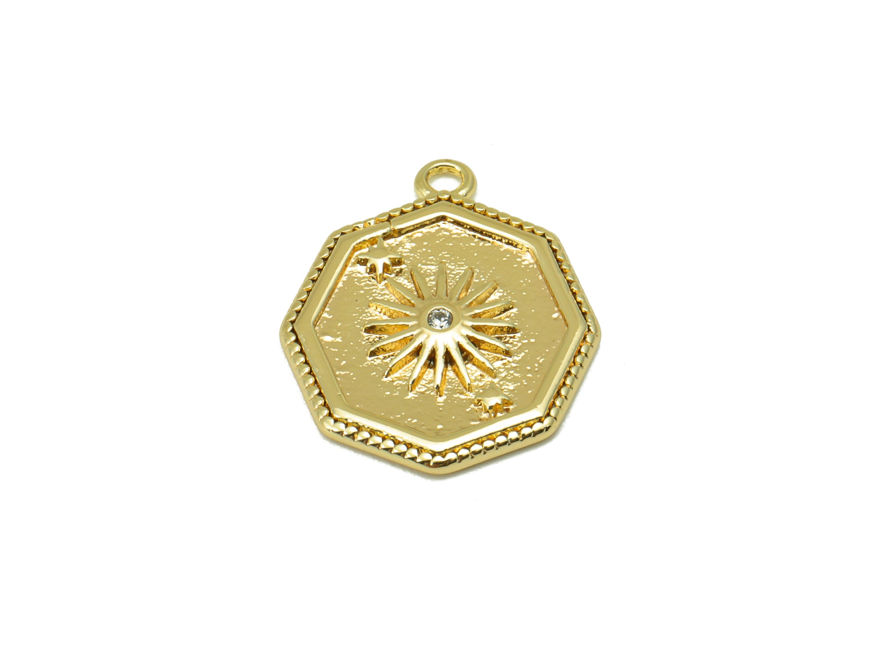 Brass Sun Charm - Brass Octagon Star Charm For Pendant - Cubic Zirconia Charm - For Necklace - 18K Real Gold Plated -17.6x14x1.7mm - RGP6230 - DOMEDBAZAAR