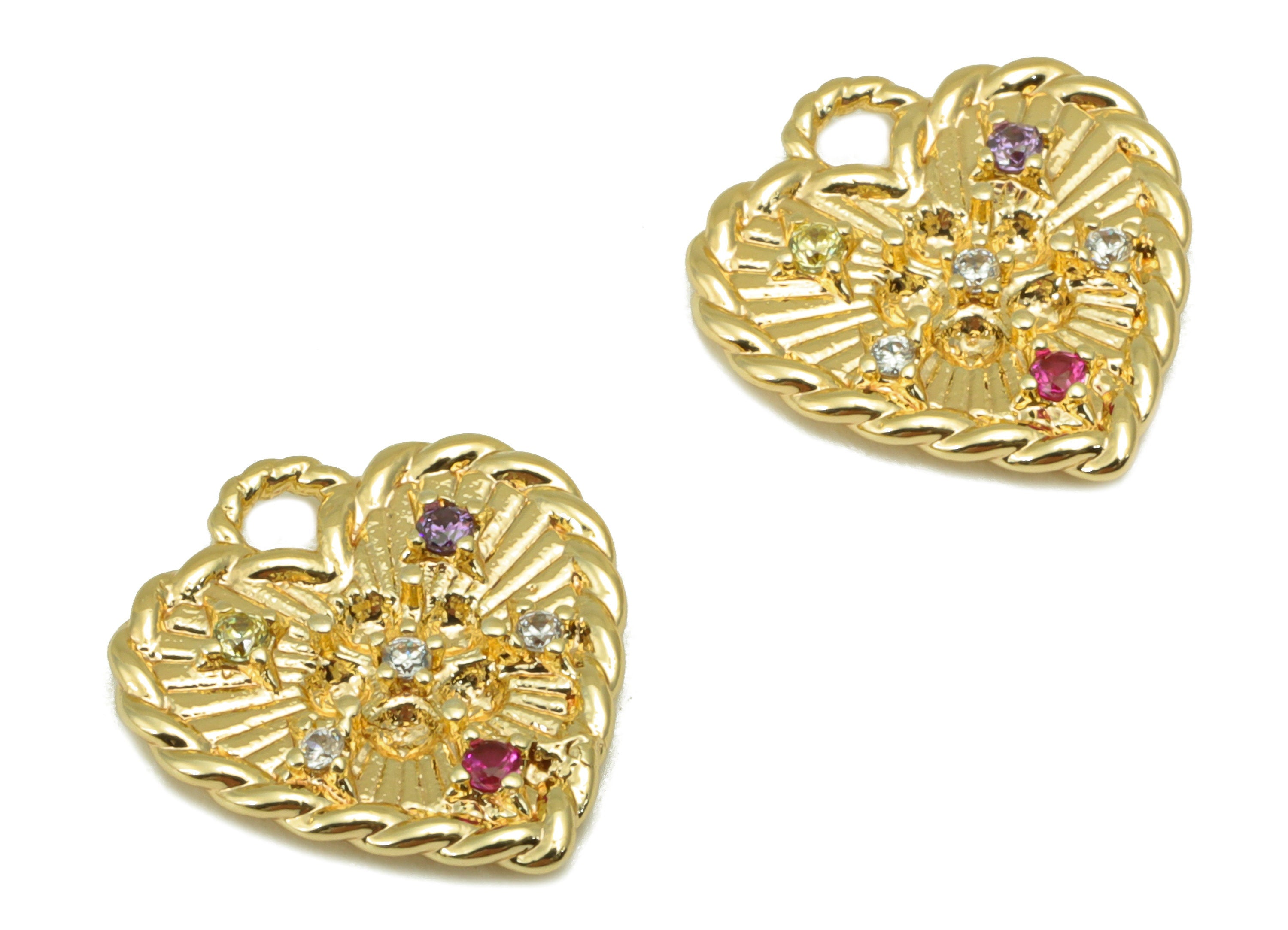 Brass Heart Charm - Brass Cubic Zirconia Charm - Chain Flower Earring Charm - For Necklace - 18K Real Gold Plated - 14.7x13.78x2mm - RGP6316 - DOMEDBAZAAR