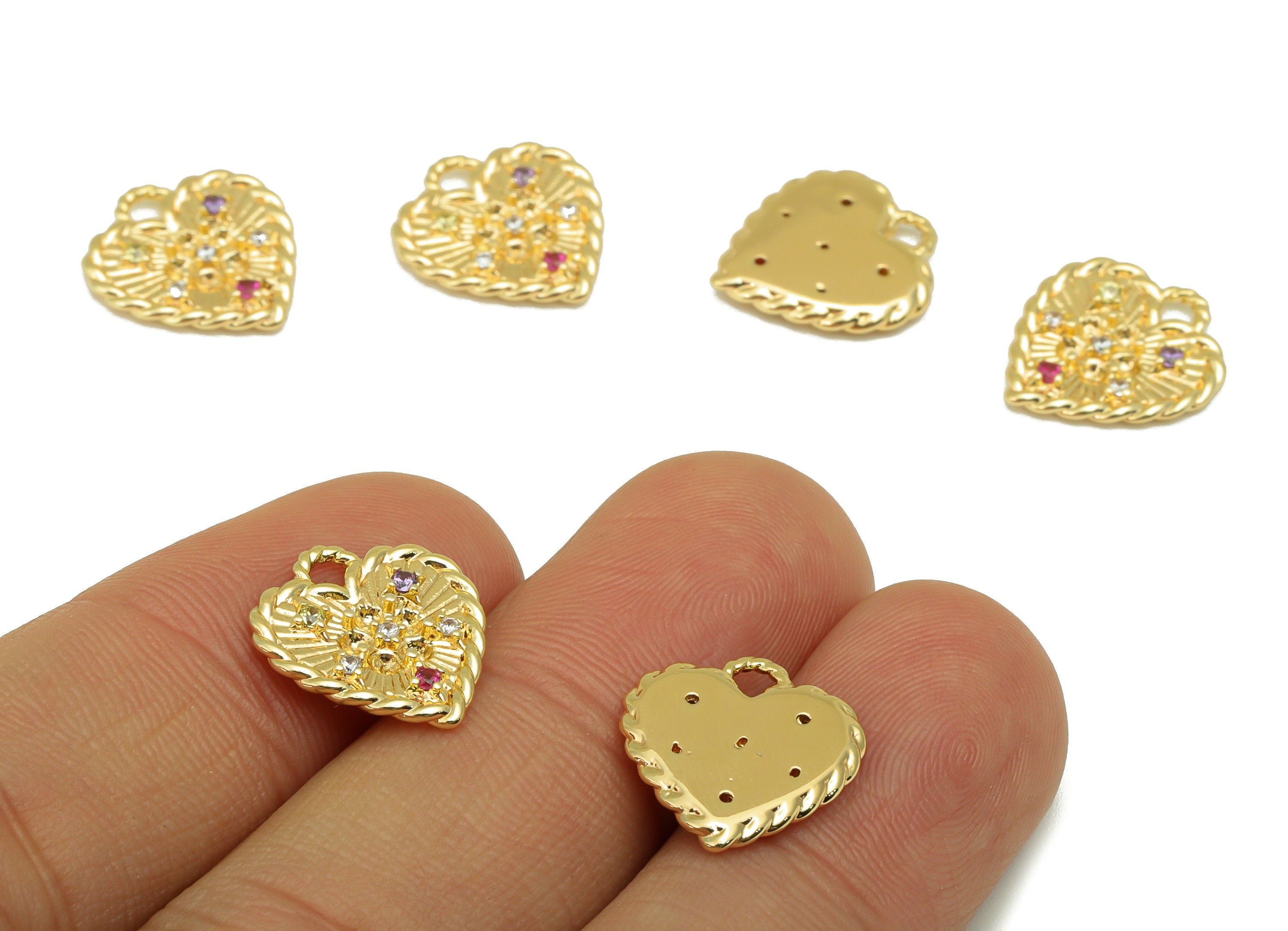 Brass Heart Charm - Brass Cubic Zirconia Charm - Chain Flower Earring Charm - For Necklace - 18K Real Gold Plated - 14.7x13.78x2mm - RGP6316 - DOMEDBAZAAR