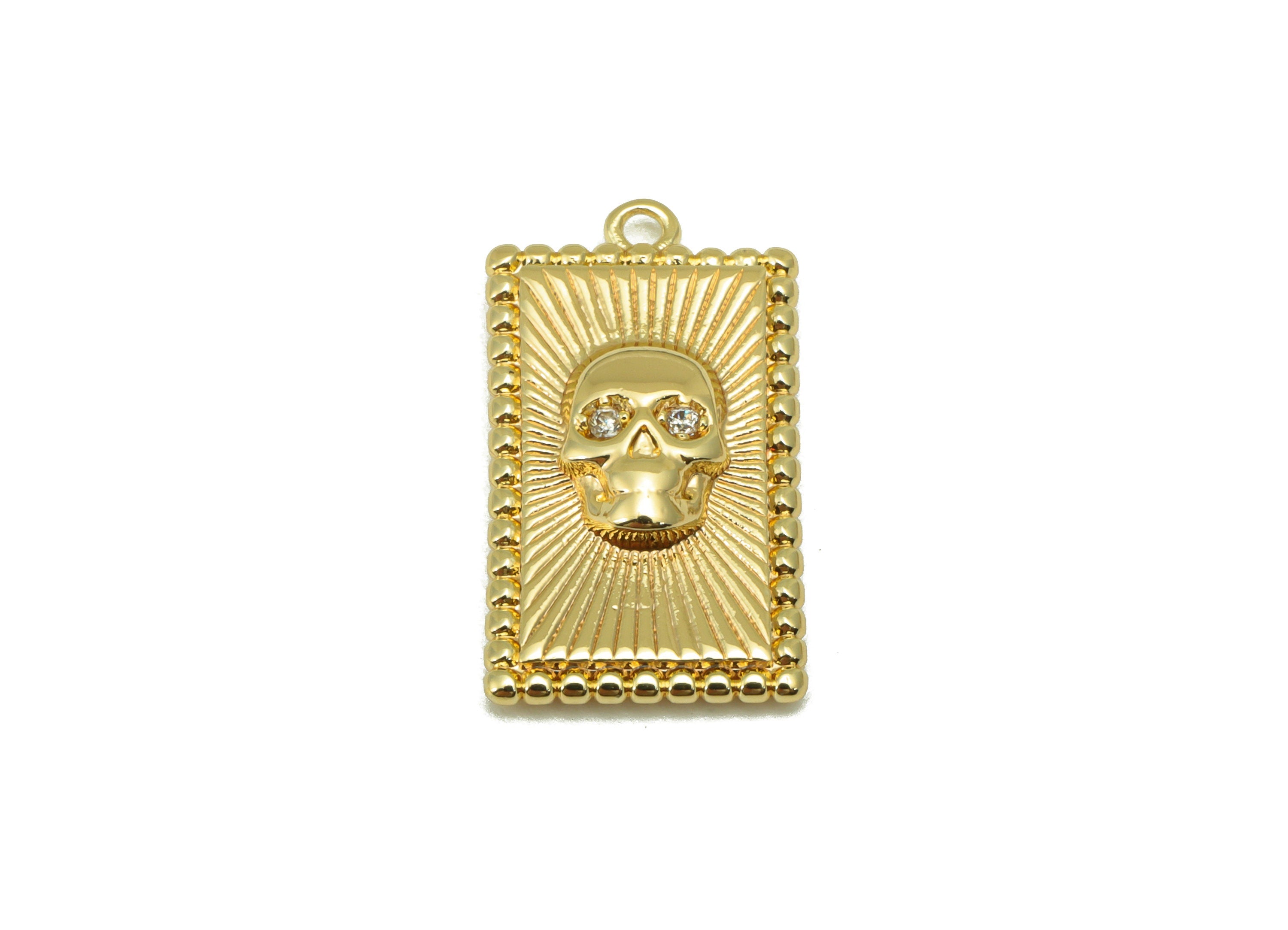 Brass Rectangle Charm - Brass Skull Charm - Rectangle Skull Charm For Pendant -Cubic Zirconia - 18K Real Gold Plated - 21x11.5x3mm - RGP6364 - DOMEDBAZAAR