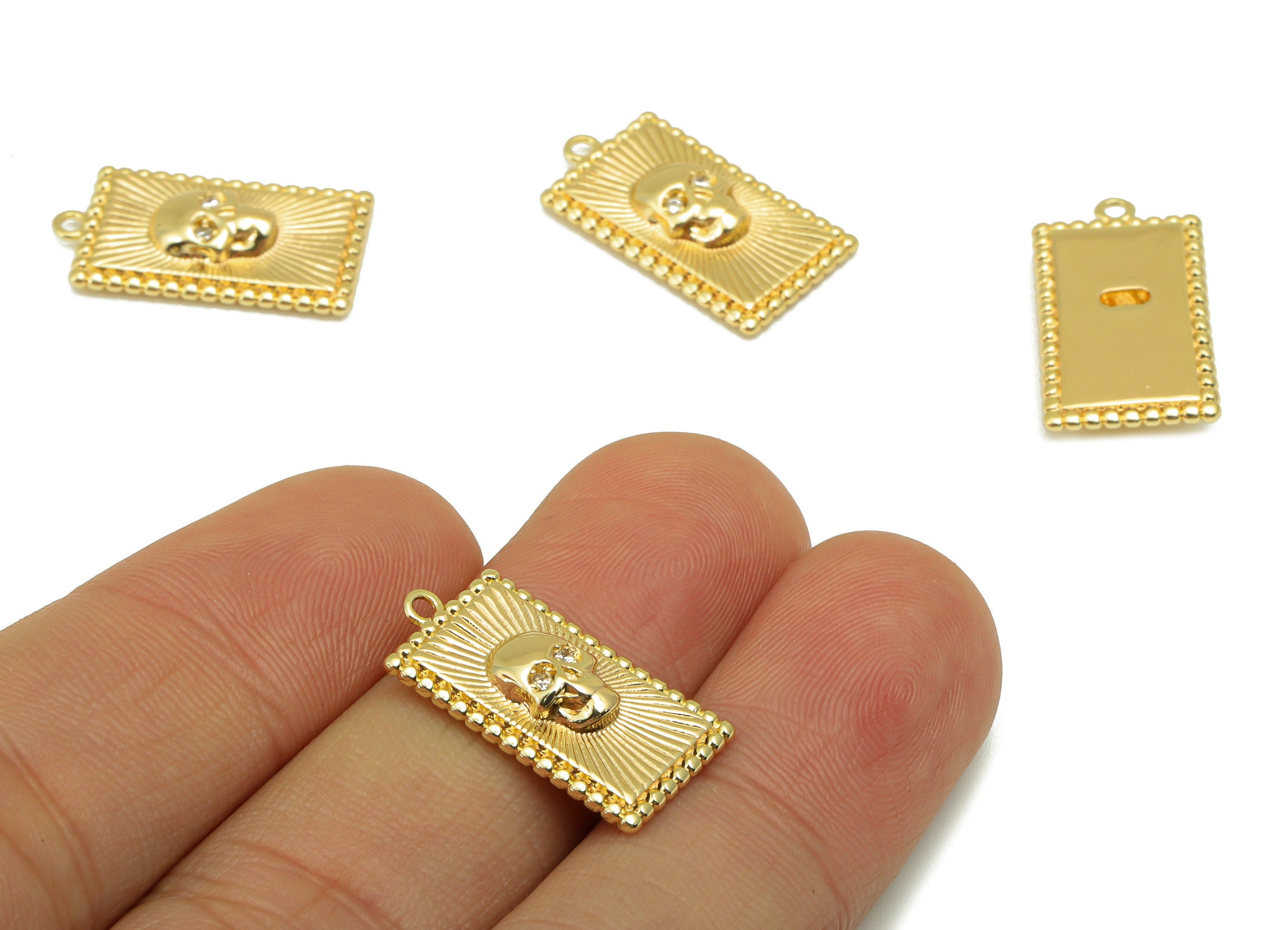 Brass Rectangle Charm - Brass Skull Charm - Rectangle Skull Charm For Pendant -Cubic Zirconia - 18K Real Gold Plated - 21x11.5x3mm - RGP6364 - DOMEDBAZAAR