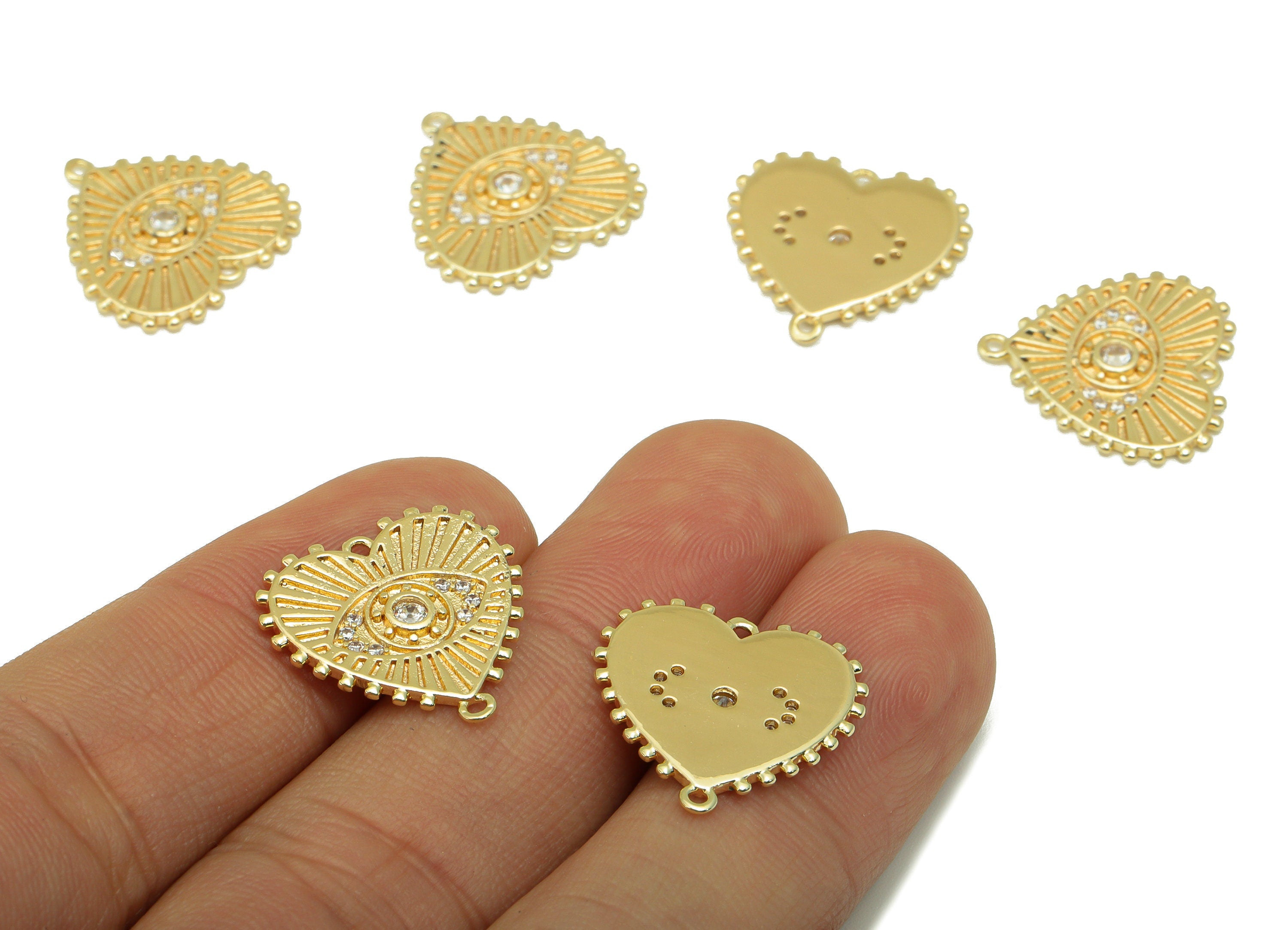 Brass Heart Charm - Brass Eye Charm For Pendant - Cubic Zirconia Earring Charm - For Necklace - 18K Real Gold Plated -17.9x18x2mm - RGP6478 - DOMEDBAZAAR