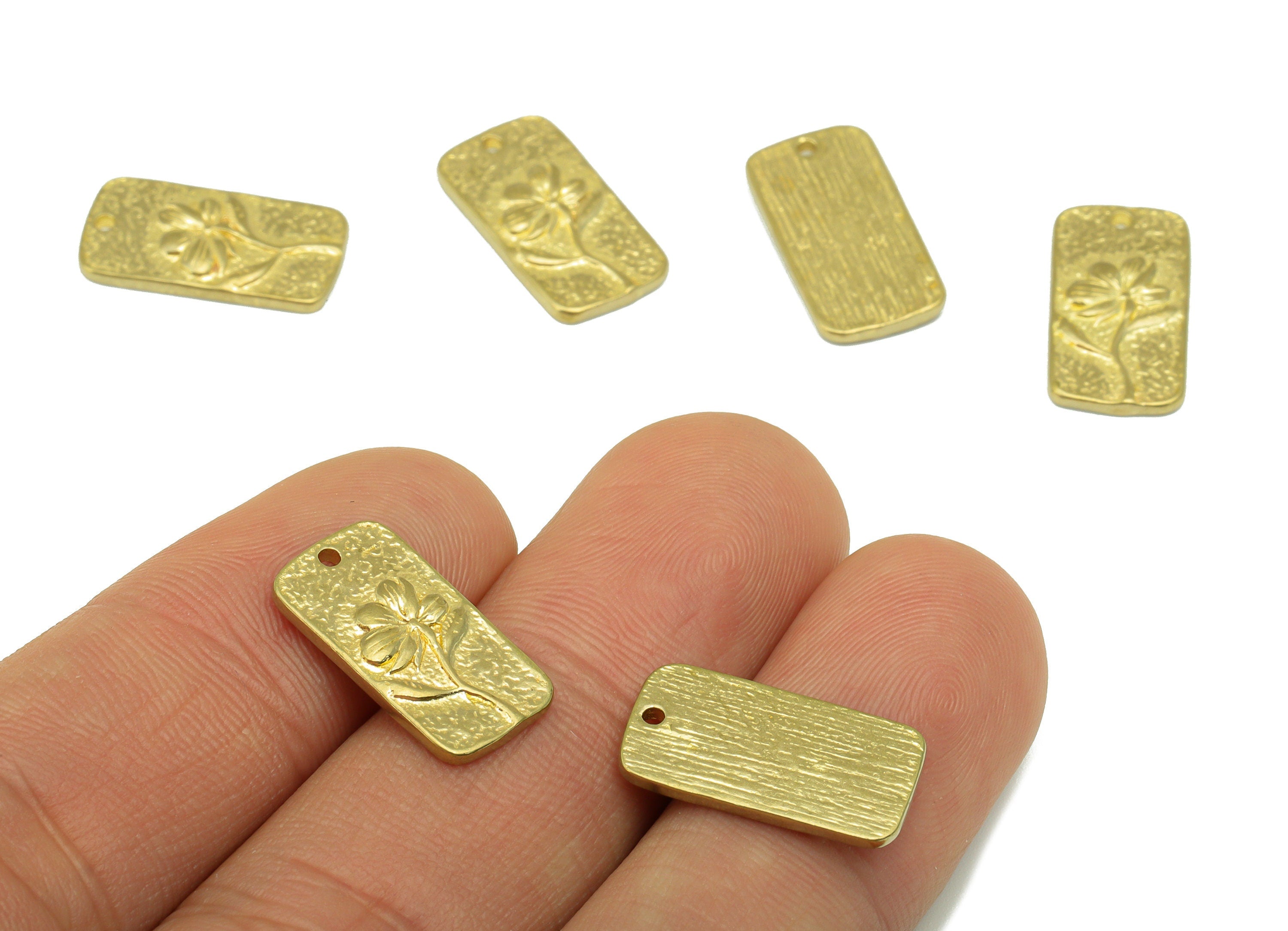Brass Rectangle Pendant -Brass Hammered Flower Charms - Orchid Flower - Jewelry Supplies - 17x 10x 1.88mm-PP8466 - DOMEDBAZAAR