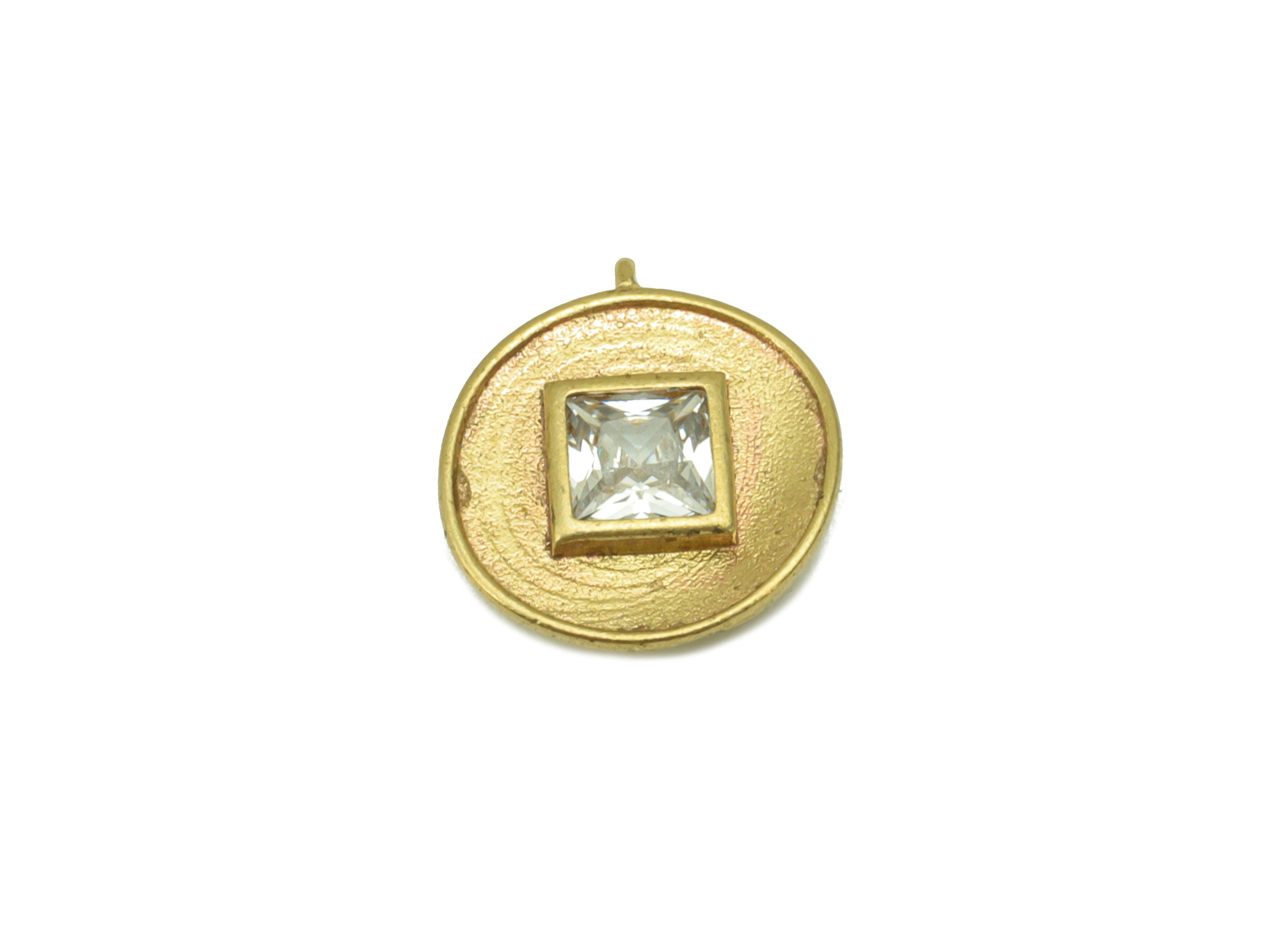 Brass Round Earring - Raw Brass - Cubic Zircon Square Pendant - Earring Charms - Jewelry Supplies - 12 x 11 x 2.6mm - PP8468 - DOMEDBAZAAR