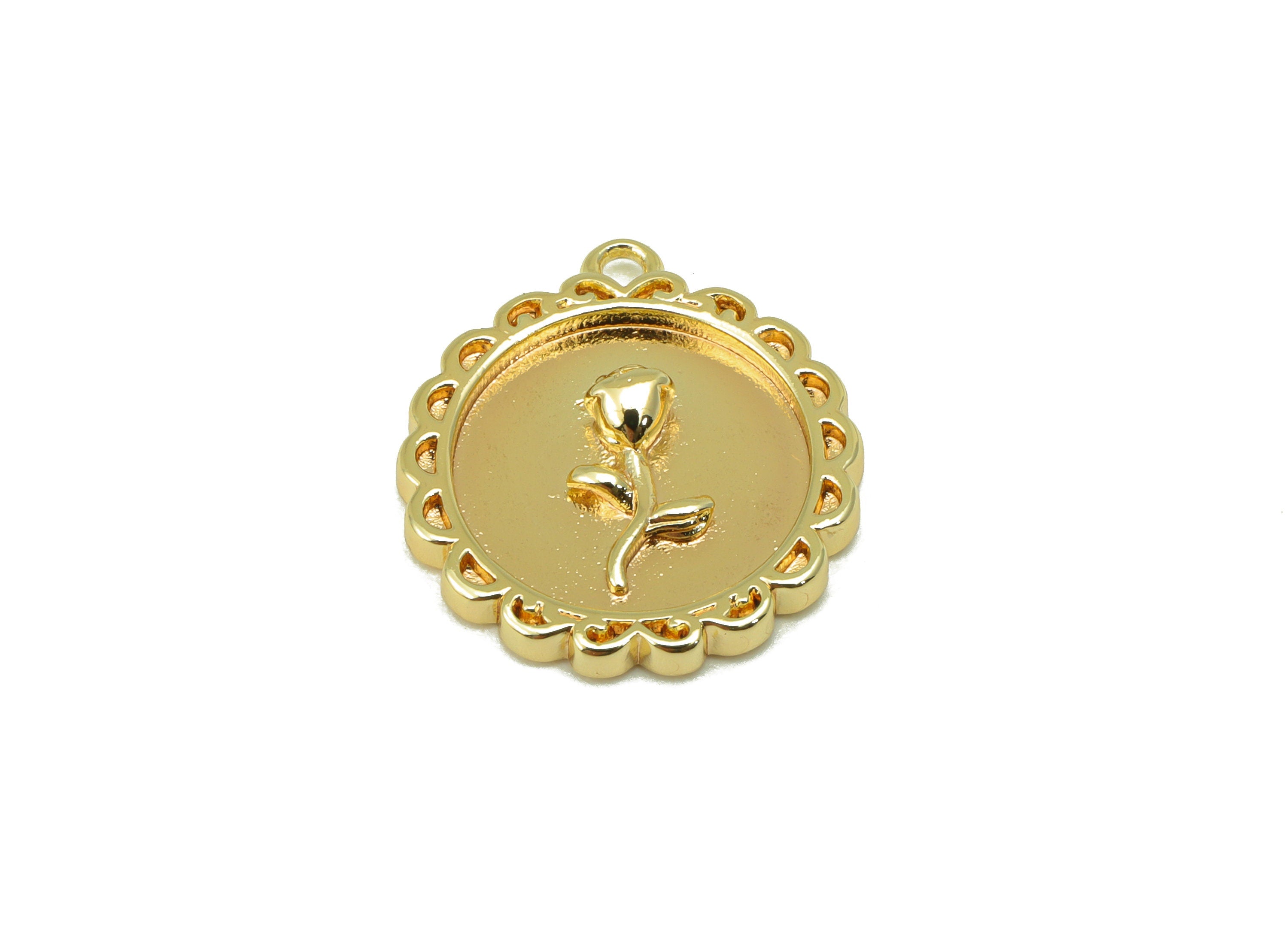Brass Rose Earring Charm - Brass Lace Round Pendant - Flower Circle Earrings - 18k Gold Plated Brass-Jewelry Making-17.5x15.9x1.97mm-RGP6214 - DOMEDBAZAAR