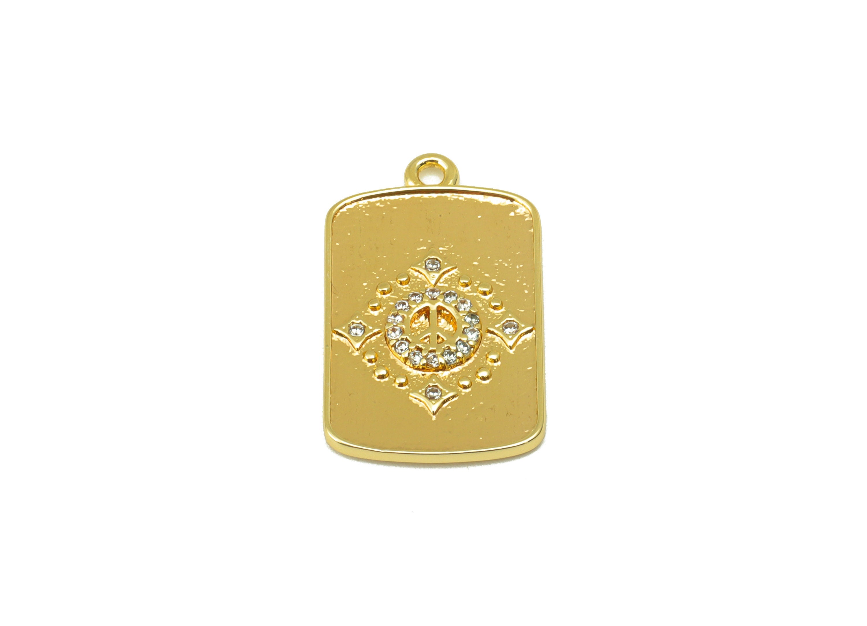 Brass Rectangle Earring Charm - Brass CZ Textured Star Pendant - Cubic Zirconia Charm - For Necklace - 18k Gold Plated - 23x14x2mm- RGP6226 - DOMEDBAZAAR