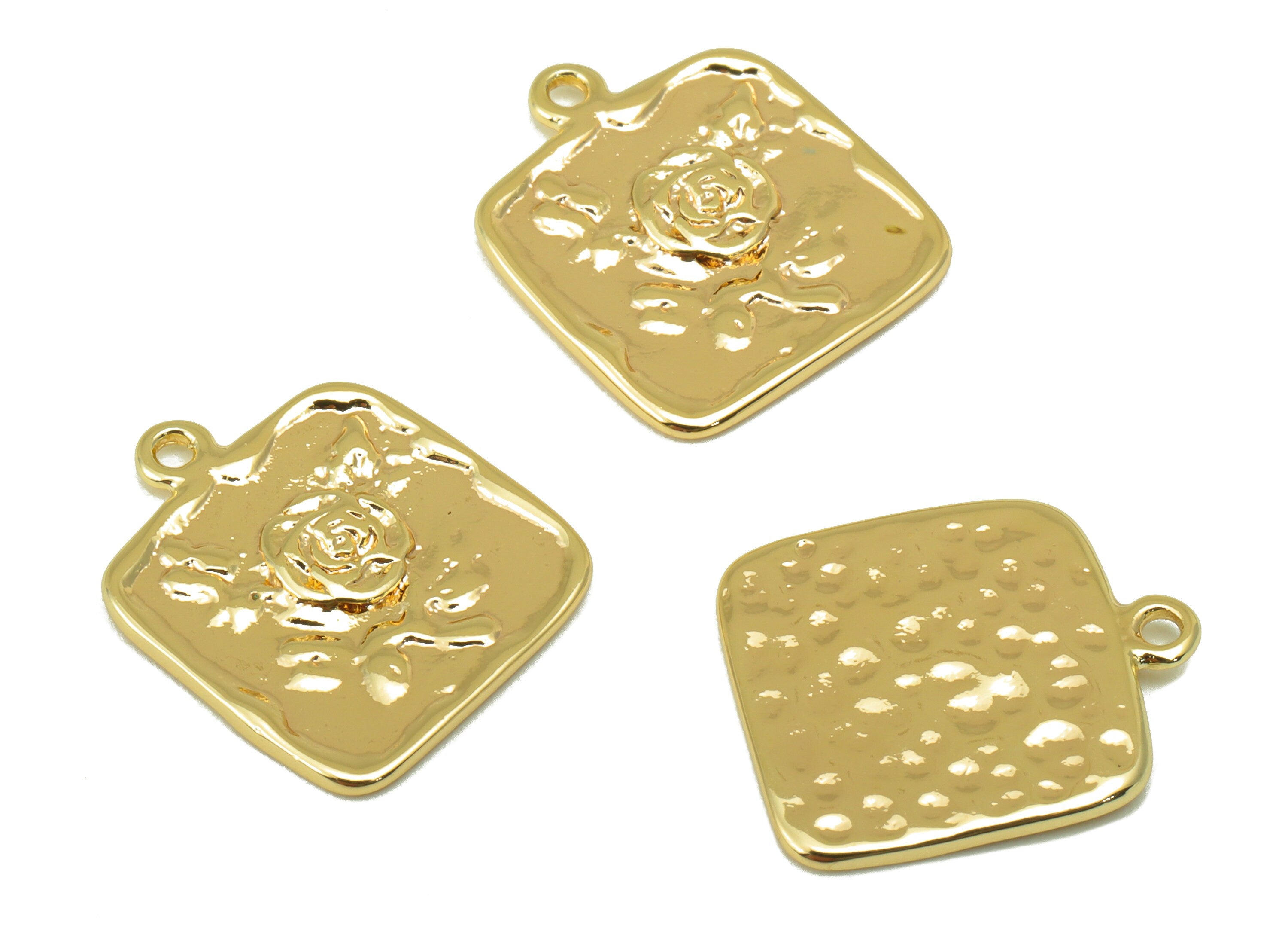 Brass Rose Earrings Charm - Hammered Flower Pendant - Botanical Earring Charm - For Necklace - 18k Gold Plated -16.27x 13.79x1.55mm- RGP6231 - DOMEDBAZAAR