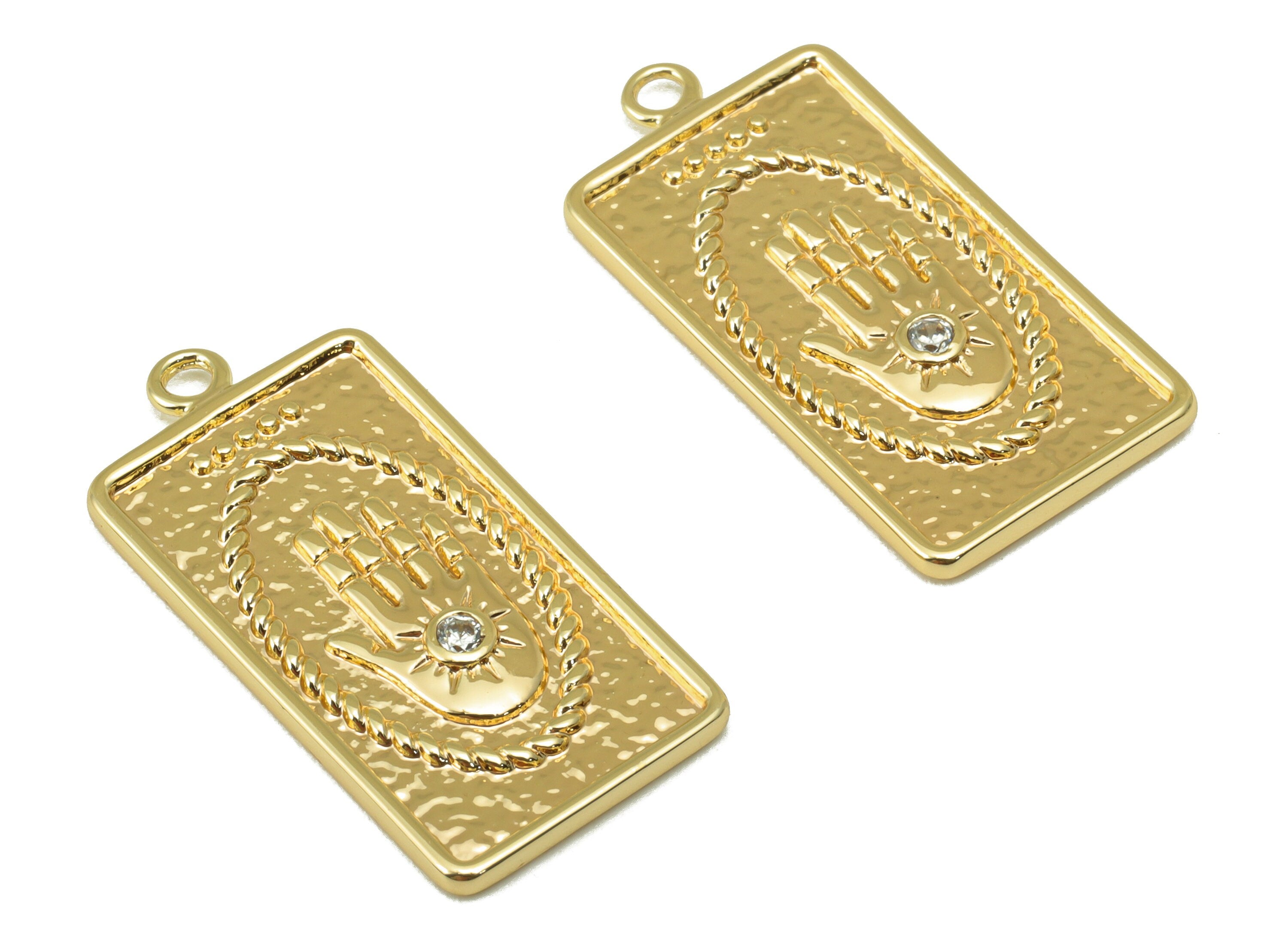 Brass Hand Earrings Charm - Hammered CZ Ellipse Pendant - Cubic Zirconia Charm - For Necklace - 18k Gold Plated -27x 13.41x 1.48mm -RGP6232 - DOMEDBAZAAR