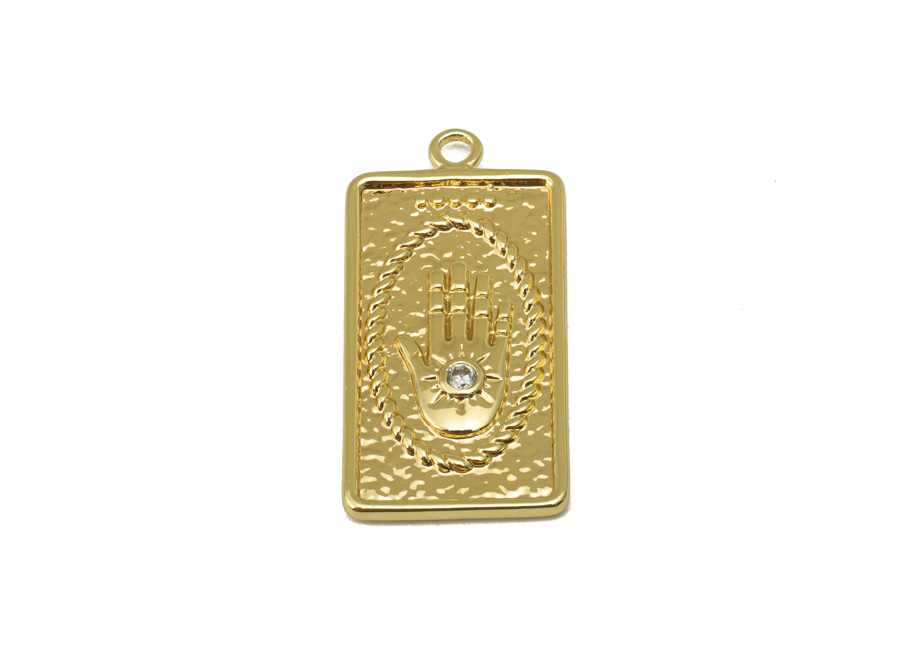 Brass Hand Earrings Charm - Hammered CZ Ellipse Pendant - Cubic Zirconia Charm - For Necklace - 18k Gold Plated -27x 13.41x 1.48mm -RGP6232 - DOMEDBAZAAR
