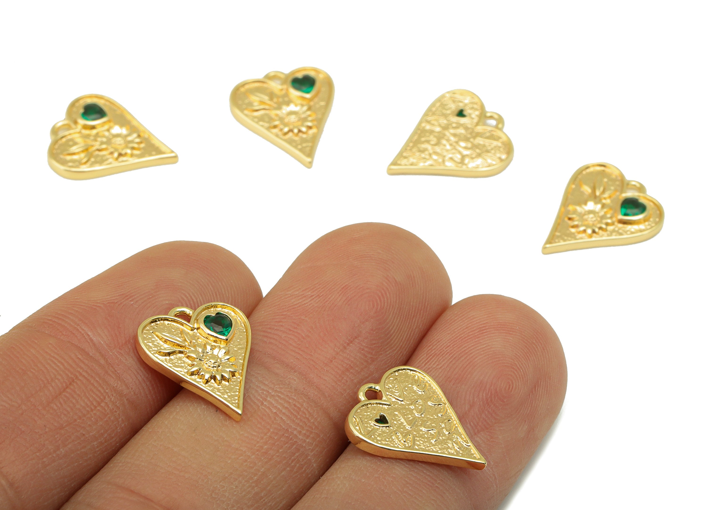 Brass Heart Earrings Charm - Flower Green Heart Pendant - Botanical Earring Charm - For Necklace - 18k Gold Plated - 15x 12x 2.41mm- RGP6236 - DOMEDBAZAAR