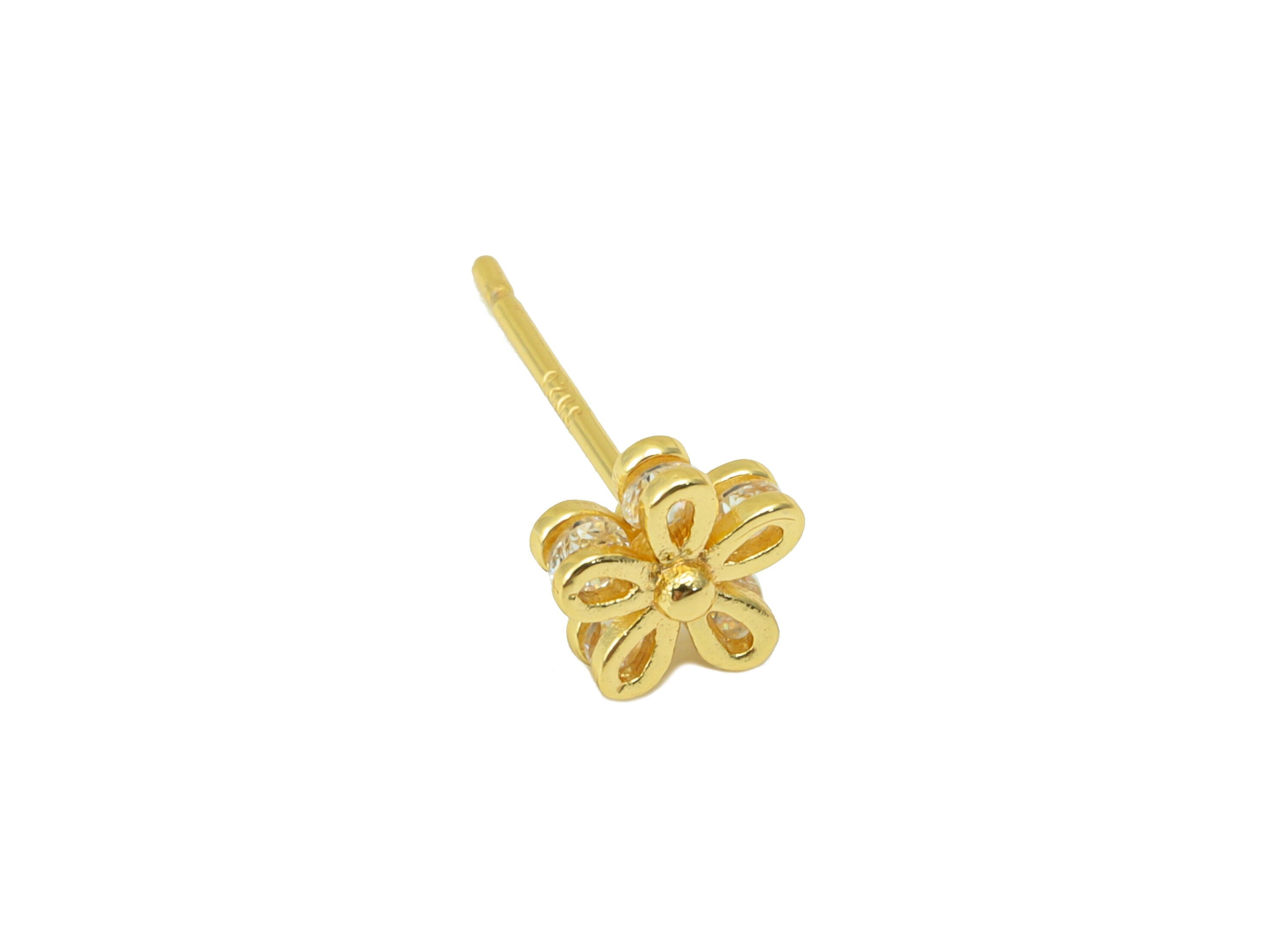 Brass Flower Earring Stud - Cubic Zirconia Earring Post - CZ Daisy Stud - Mini Flower - 18K Real Gold Plated - 6.1x6.1x 2.18mm- RGP6404 - DOMEDBAZAAR