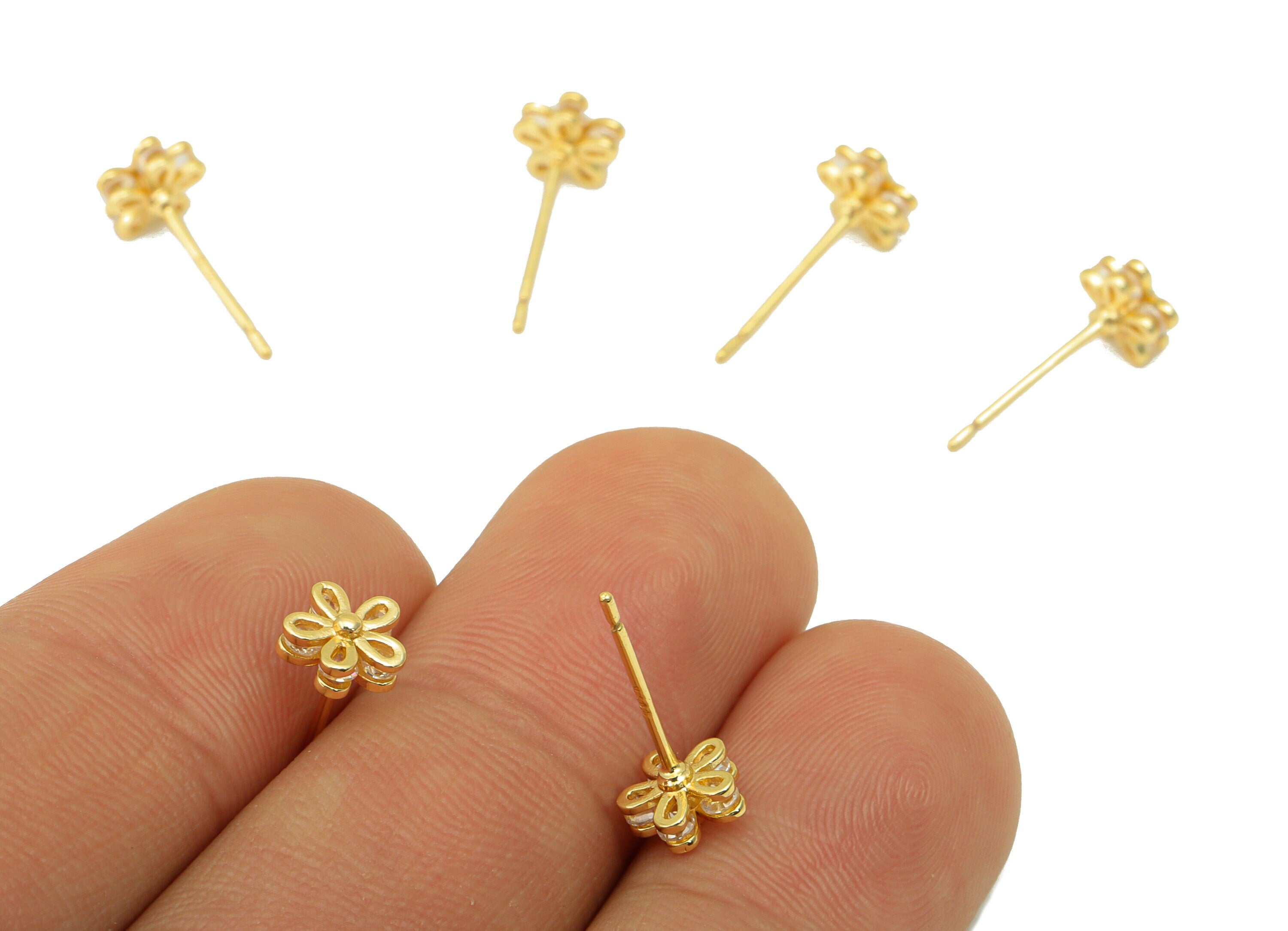 Brass Flower Earring Stud - Cubic Zirconia Earring Post - CZ Daisy Stud - Mini Flower - 18K Real Gold Plated - 6.1x6.1x 2.18mm- RGP6404 - DOMEDBAZAAR