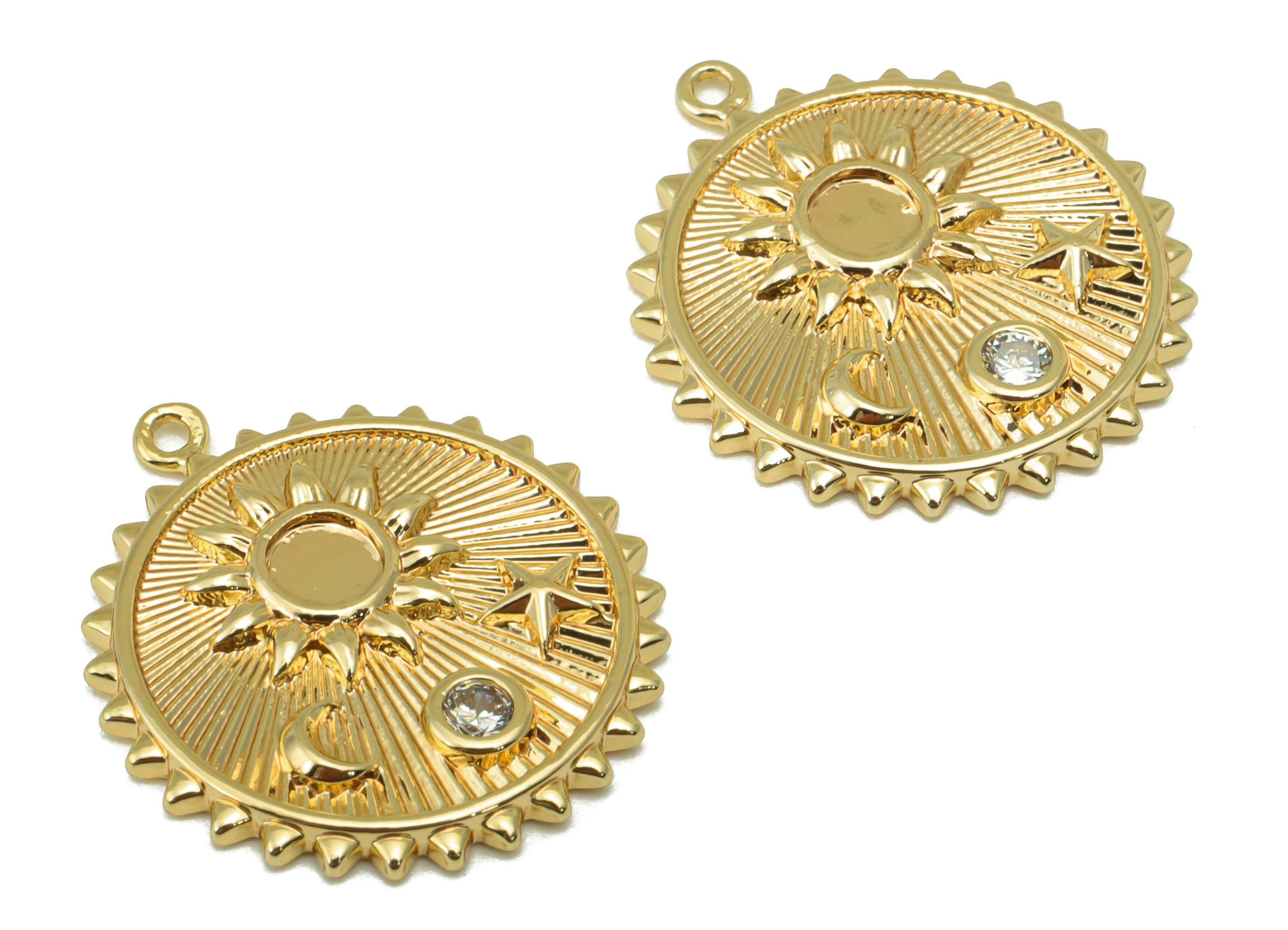 Brass Round Earring Charm - Brass Textured Crescent Charm - Cubic Zirconia Star - For Necklace- 18K Real Gold Plated - 22x20x2mm - RGP6253 - DOMEDBAZAAR
