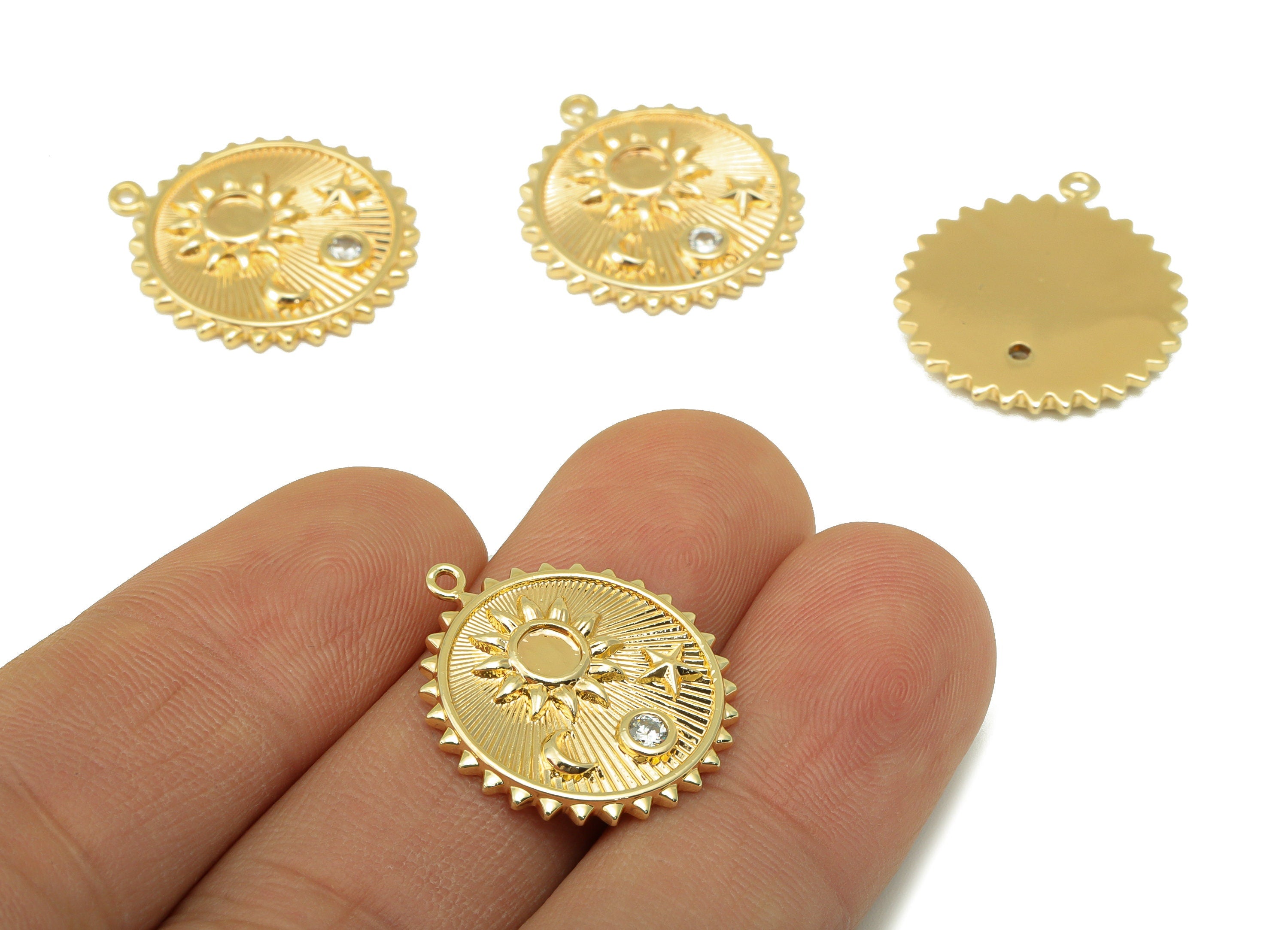 Brass Round Earring Charm - Brass Textured Crescent Charm - Cubic Zirconia Star - For Necklace- 18K Real Gold Plated - 22x20x2mm - RGP6253 - DOMEDBAZAAR