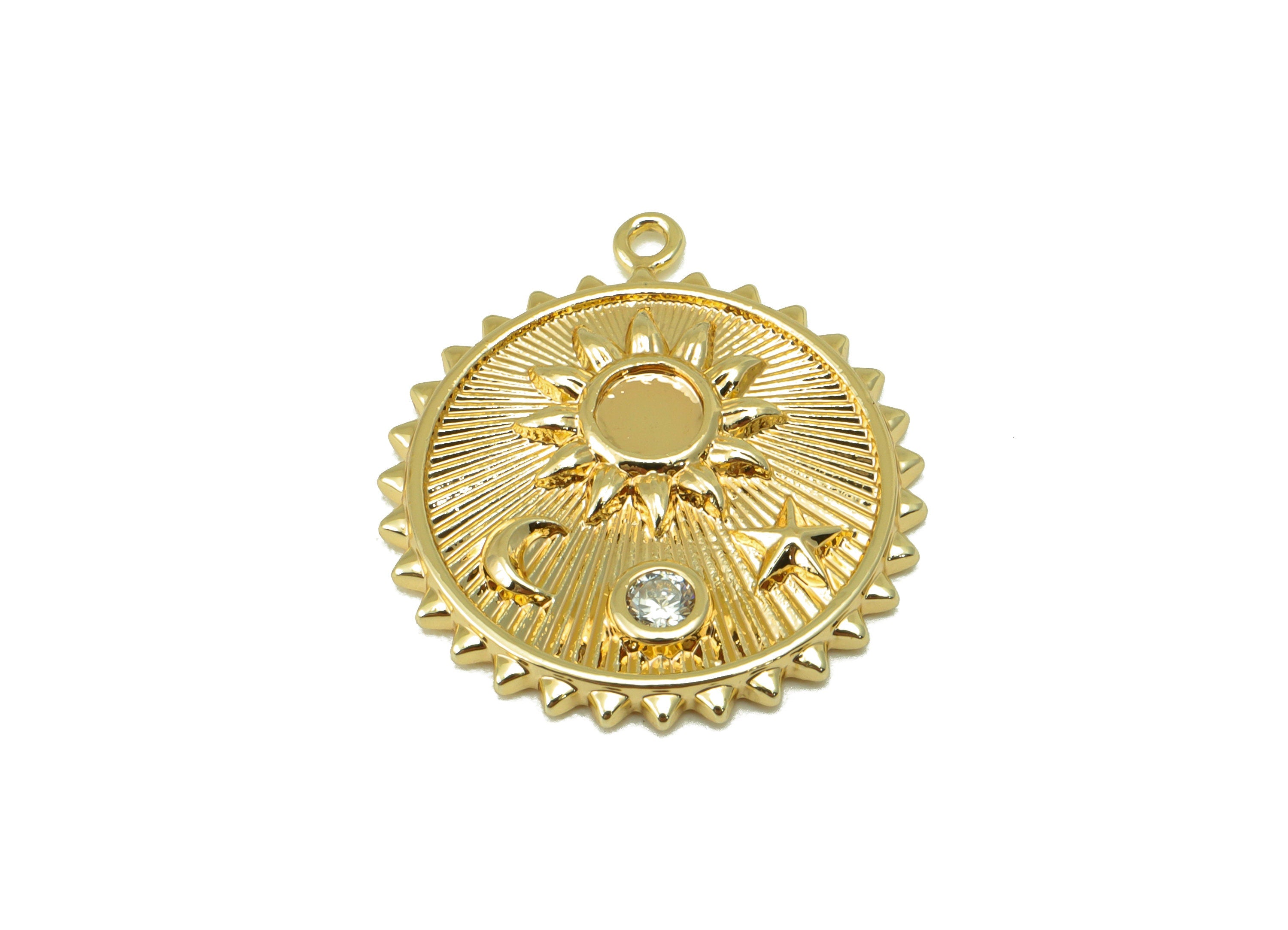 Brass Round Earring Charm - Brass Textured Crescent Charm - Cubic Zirconia Star - For Necklace- 18K Real Gold Plated - 22x20x2mm - RGP6253 - DOMEDBAZAAR