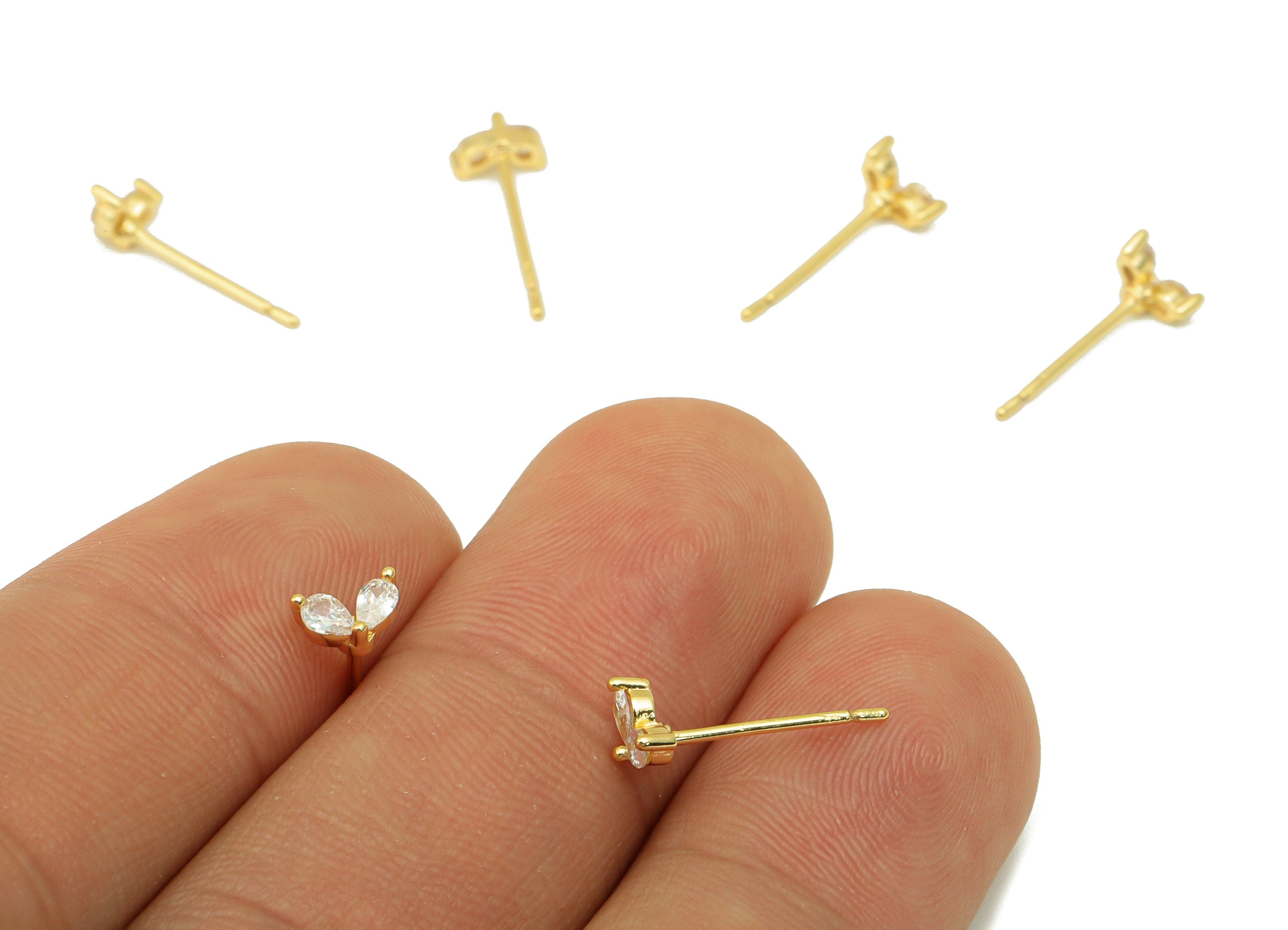 Brass Teardrop Earring Stud - Cubic Zirconia Earring Post - CZ Mini Stud - Mini Drops - 18K Real Gold Plated - 3.4x5.75x1.9mm- RGP6406 - DOMEDBAZAAR