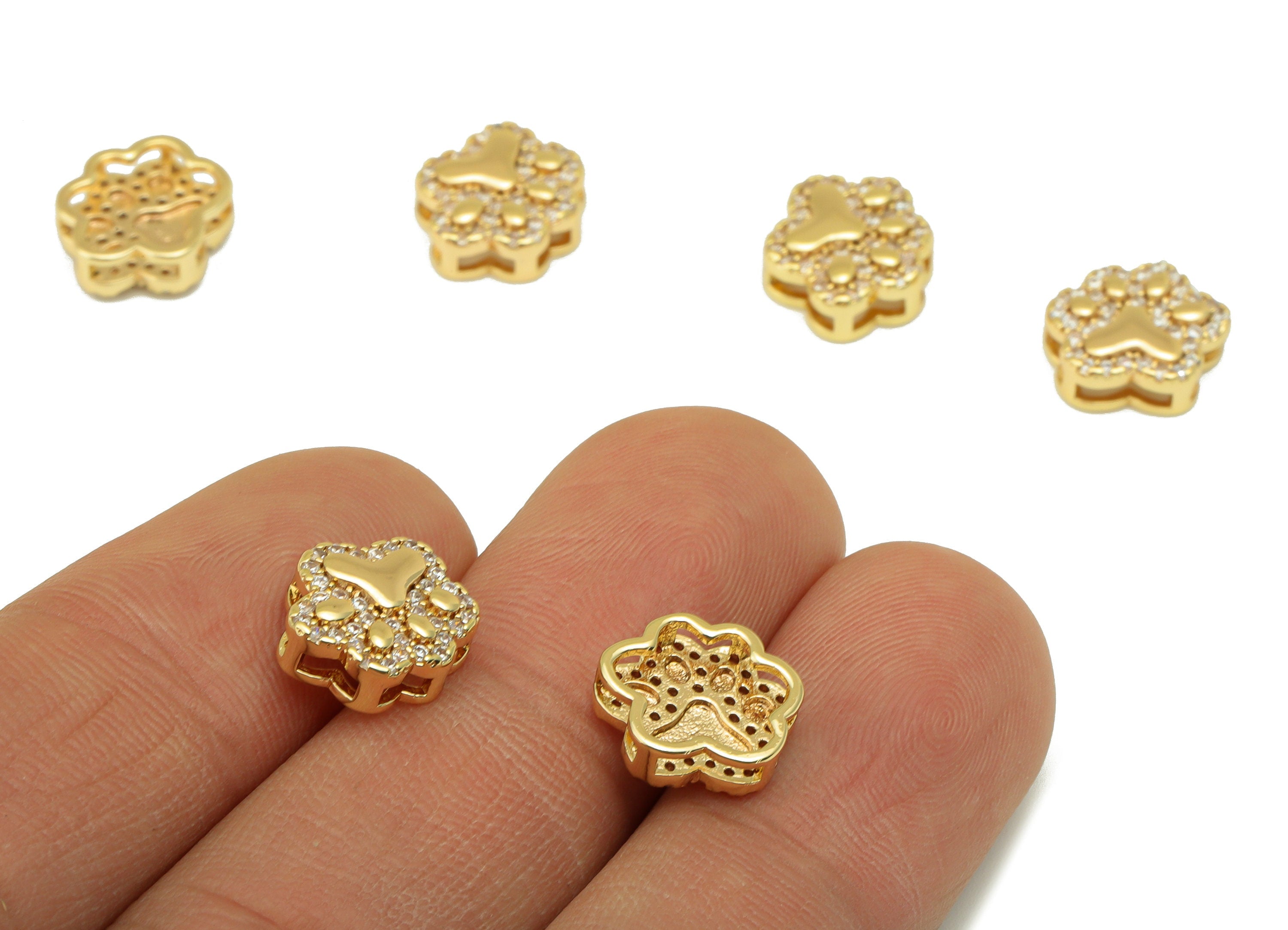 Brass Cat Paw Charm - Brass Animal Foot Earring Charm - Cubic Zirconia Cat- For Necklace- 18K Real Gold Plated - 10.85x 9.53x 3mm- RGP6273 - DOMEDBAZAAR