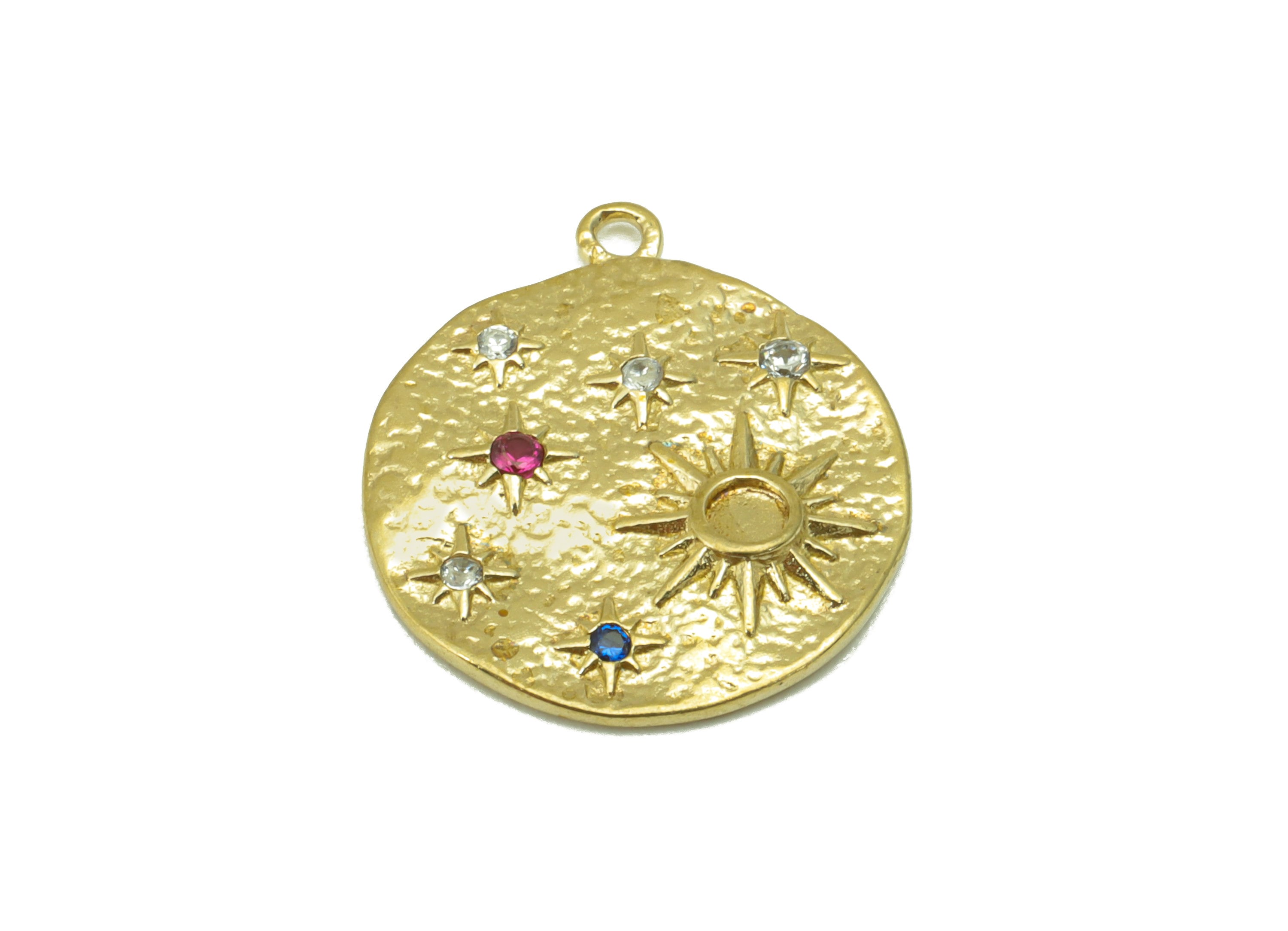 Brass Round Earring Charm - Raw Brass - Hammered Brass -Sun and Stars Earring Pendant - Jewelry Supplies -17 x 15 x 1.92mm-PP8469 - DOMEDBAZAAR