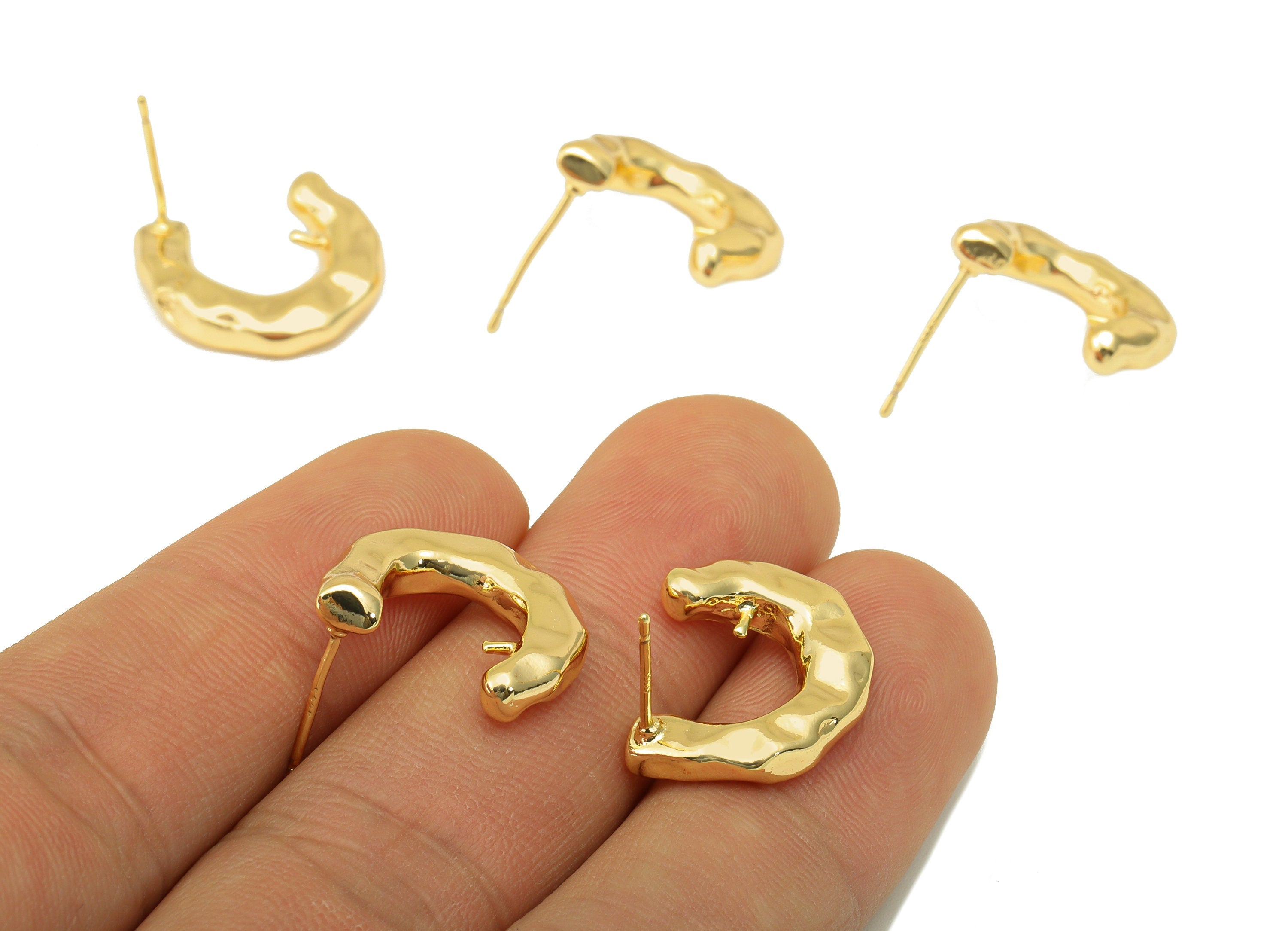 Brass Open Hoop Earring Stud - Textured Thick Earring Post - Hoop C Stud - Hammered Post - 18K Real Gold Plated - 18.29x17x 3.2mm- RGP6409 - DOMEDBAZAAR