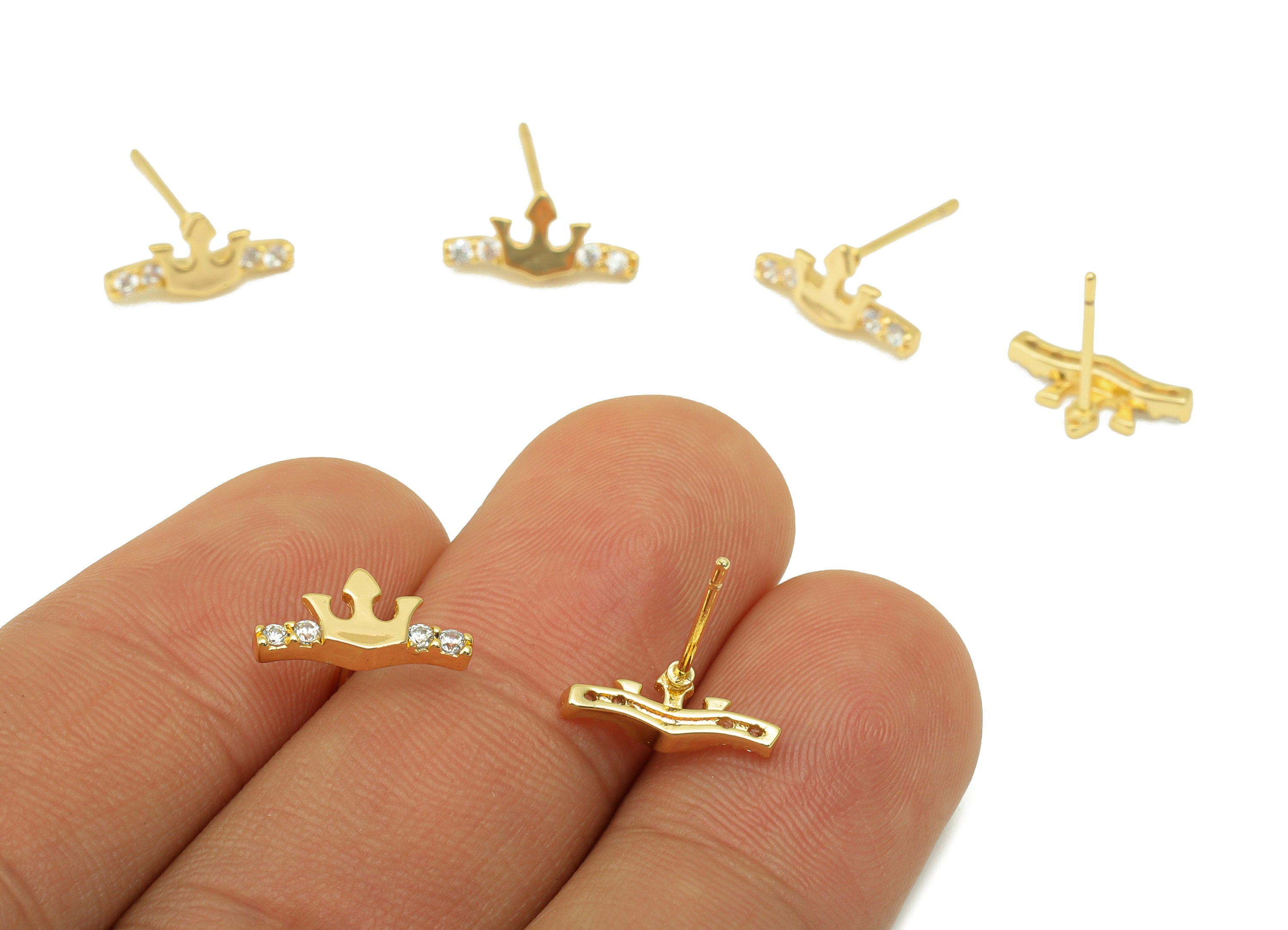 Brass Crown Earring Stud - Fork Earring Post - Cubic Zirconia Stud - Stainless Steel - 18K Real Gold Plated - 12x5.71x 2.16mm- RGP6419 - DOMEDBAZAAR