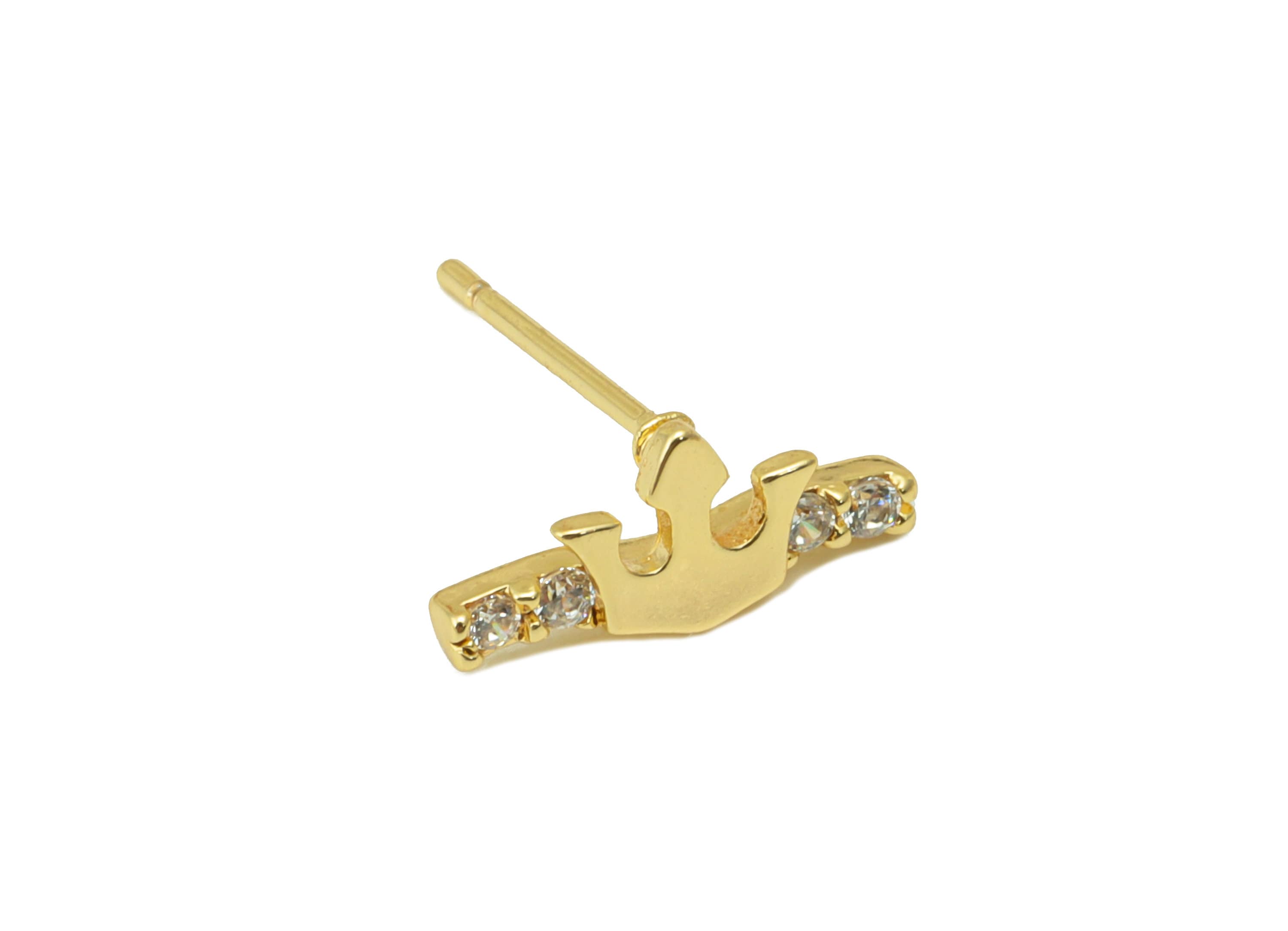 Brass Crown Earring Stud - Fork Earring Post - Cubic Zirconia Stud - Stainless Steel - 18K Real Gold Plated - 12x5.71x 2.16mm- RGP6419 - DOMEDBAZAAR