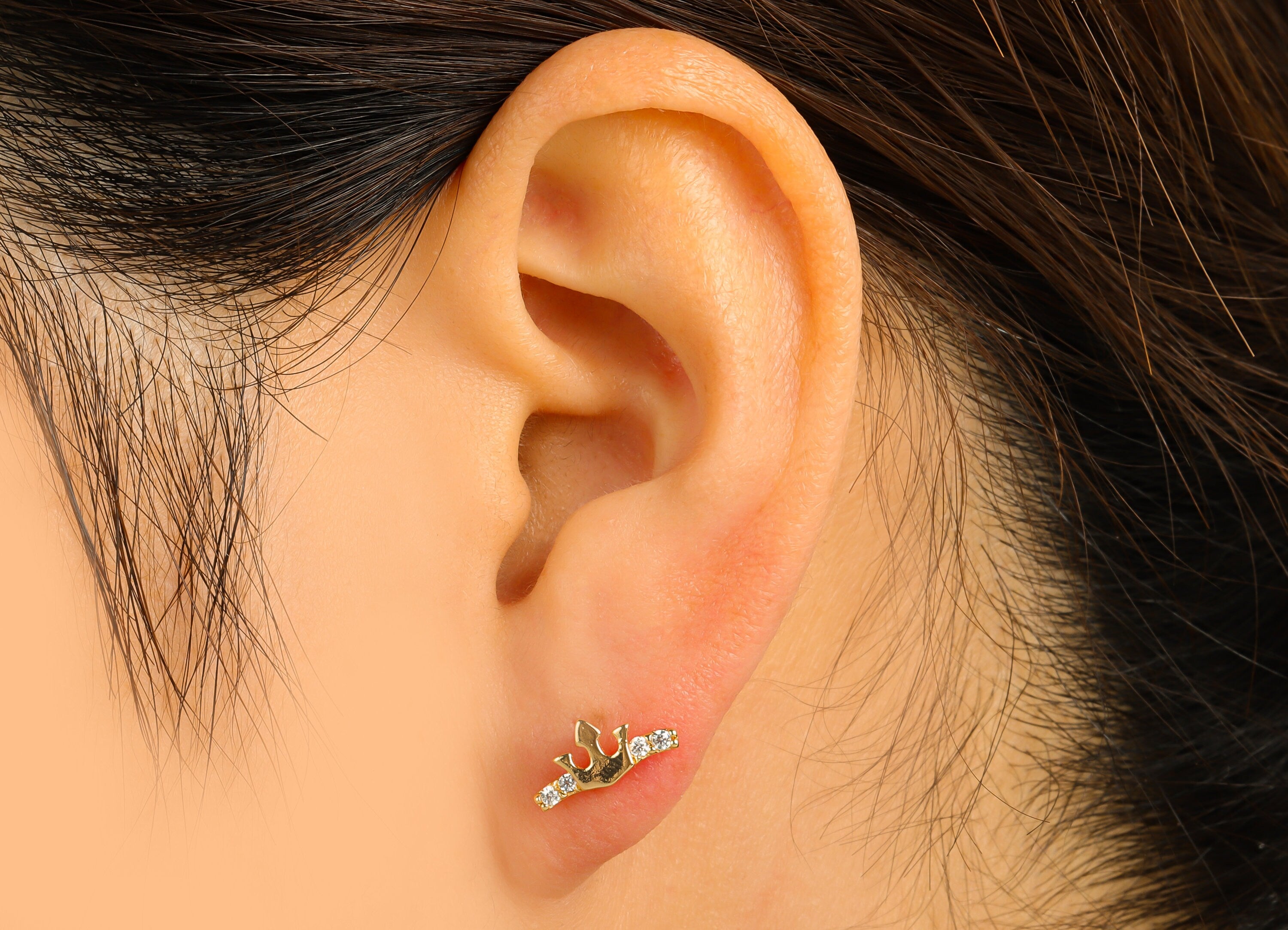 Brass Crown Earring Stud - Fork Earring Post - Cubic Zirconia Stud - Stainless Steel - 18K Real Gold Plated - 12x5.71x 2.16mm- RGP6419 - DOMEDBAZAAR
