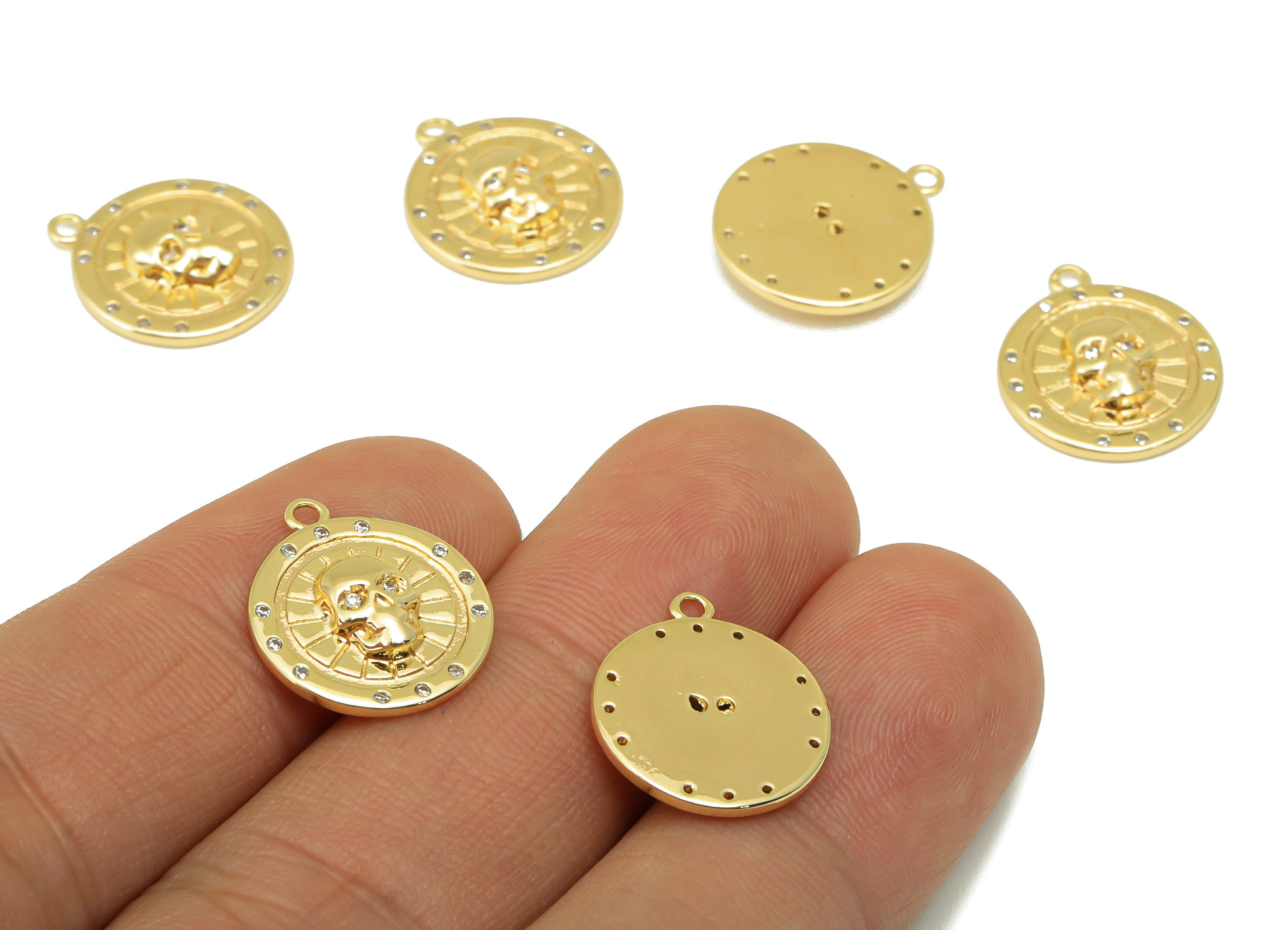 Brass Round Charm - Brass Skull Earring Charm -Cubic Zirconia Earring Charm - For Necklace- 18K Real Gold Plated -16x14x 2.93mm- RGP6283 - DOMEDBAZAAR