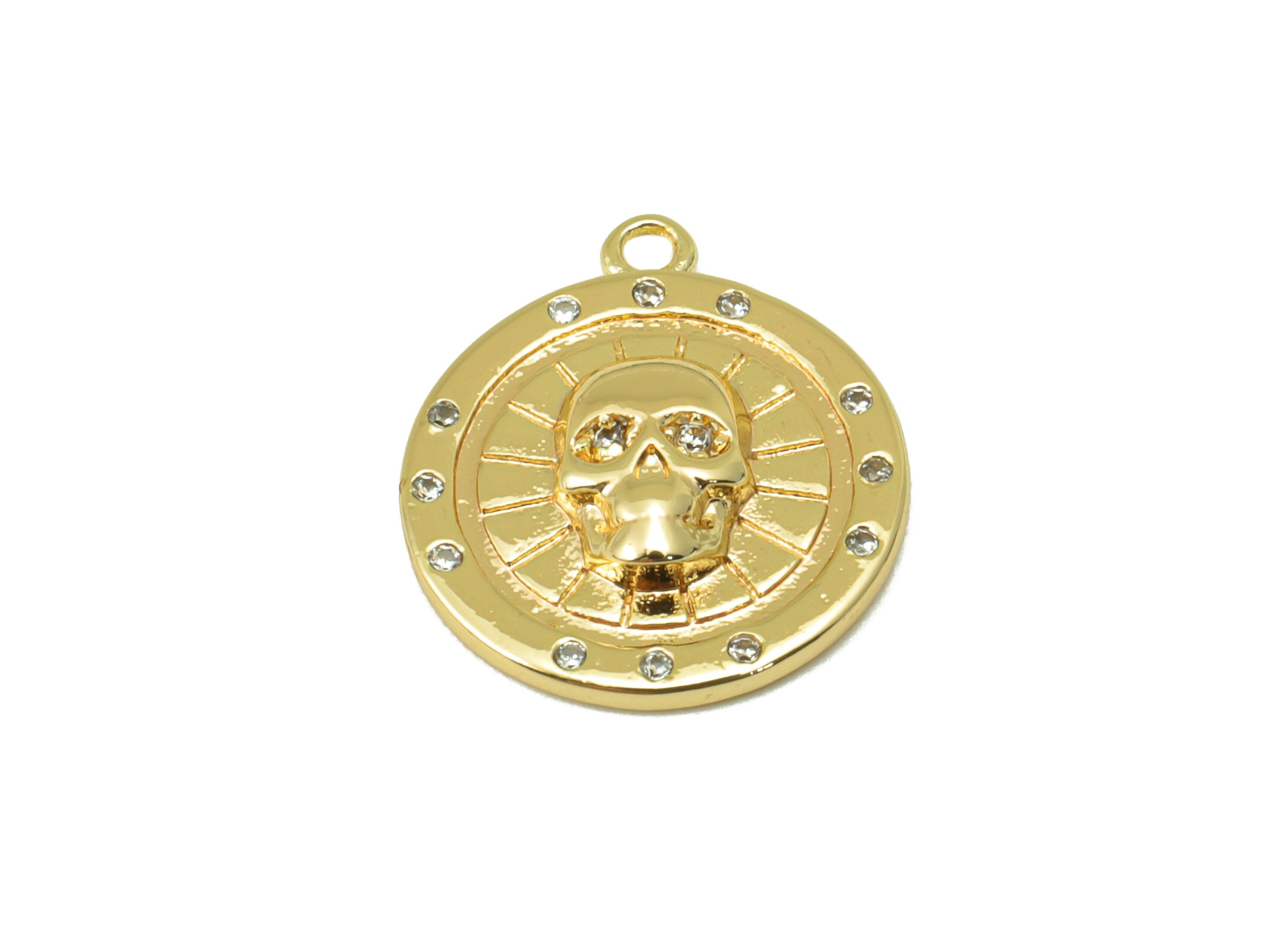 Brass Round Charm - Brass Skull Earring Charm -Cubic Zirconia Earring Charm - For Necklace- 18K Real Gold Plated -16x14x 2.93mm- RGP6283 - DOMEDBAZAAR