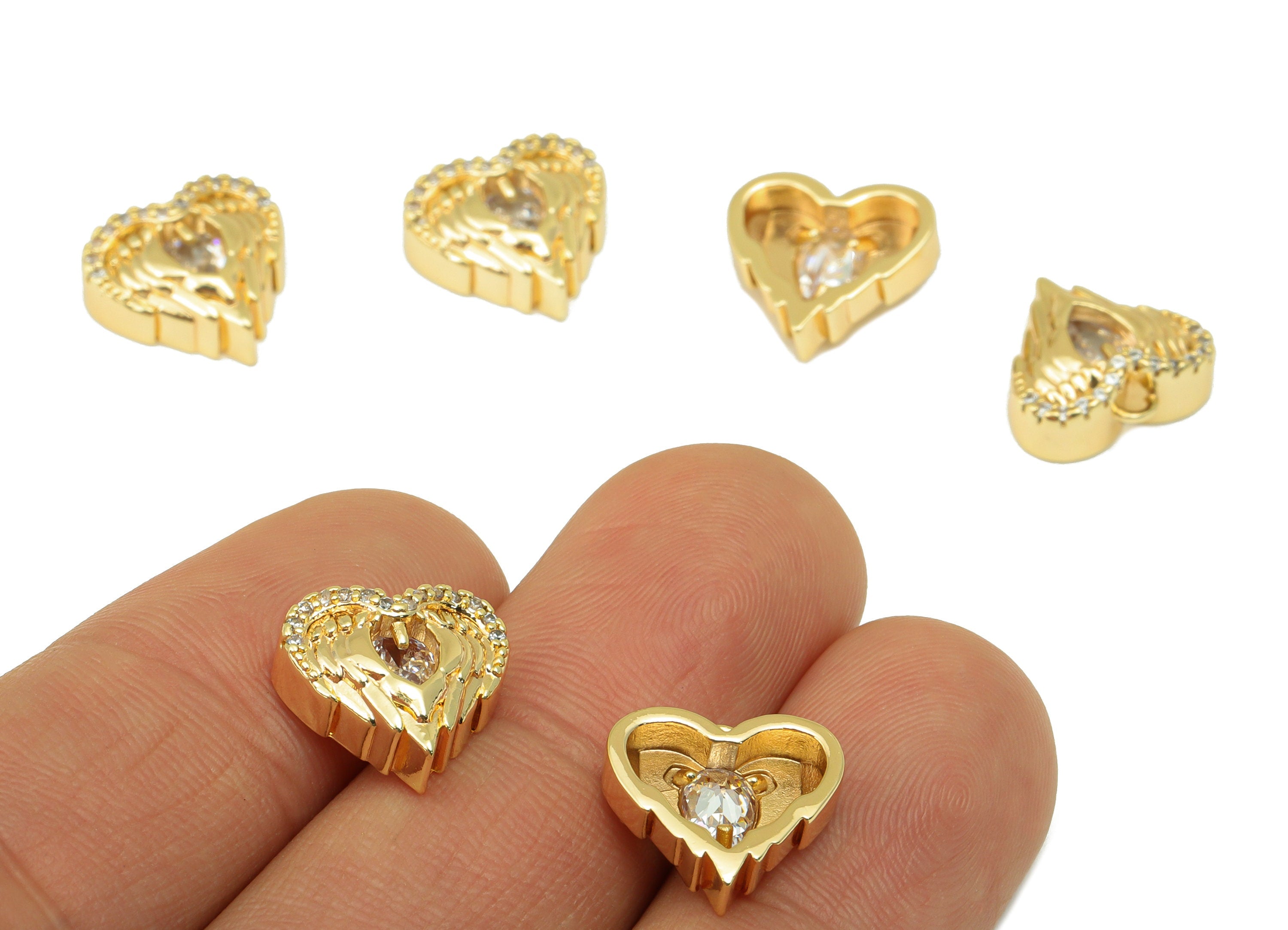 Brass Heart Charm - Brass Marquies Wing Charm -Cubic Zirconia Heart Earring Charm - For Necklace- 18K Real Gold Plated -12x13x1.6mm- RGP6284 - DOMEDBAZAAR