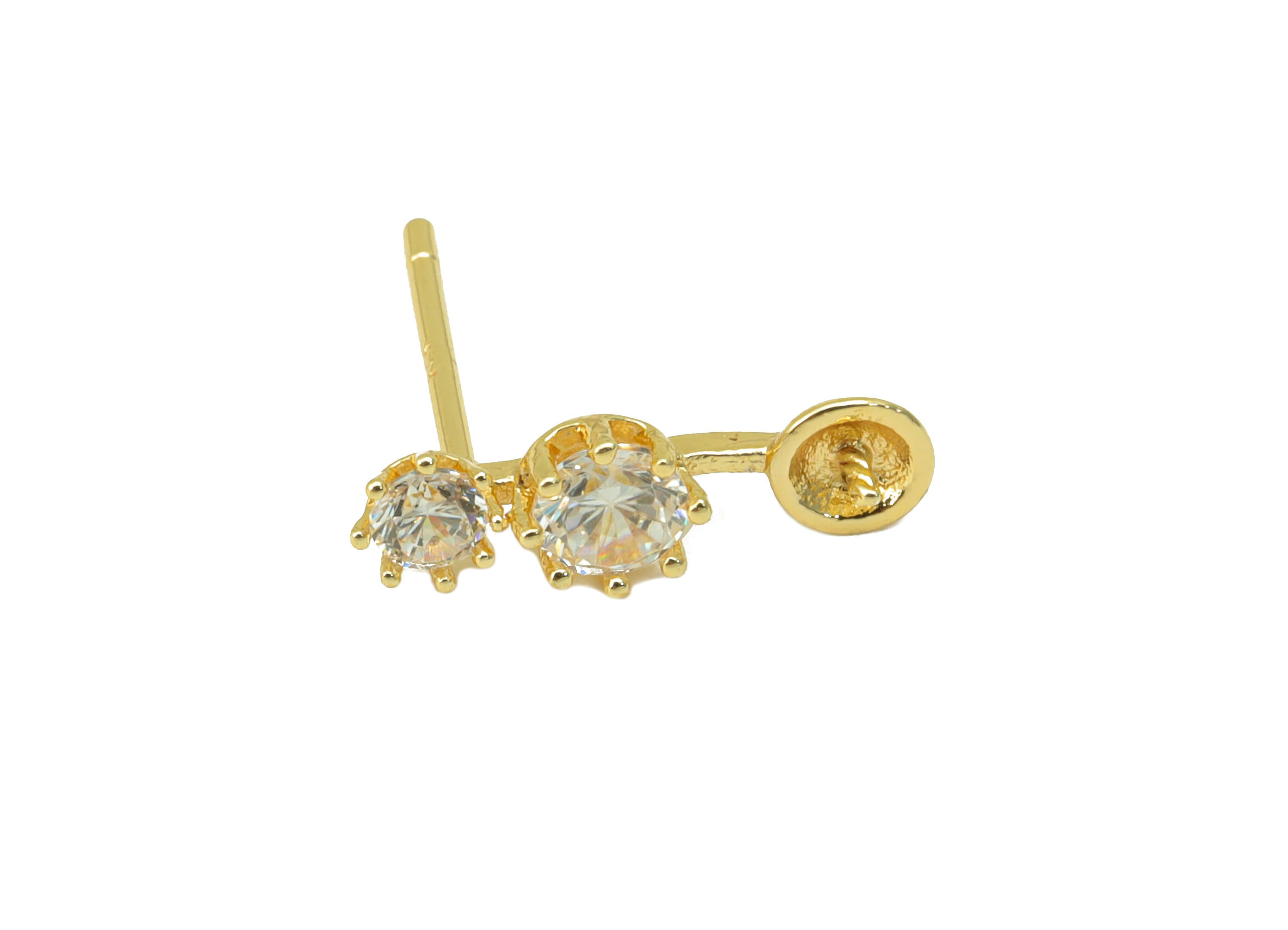 Brass Earring Stud - Round Earring Post - Cubic Zirconia Stud for Pearl - Stainless Steel - 18K Real Gold Plated-15x5x3mm- RGP6470 - DOMEDBAZAAR