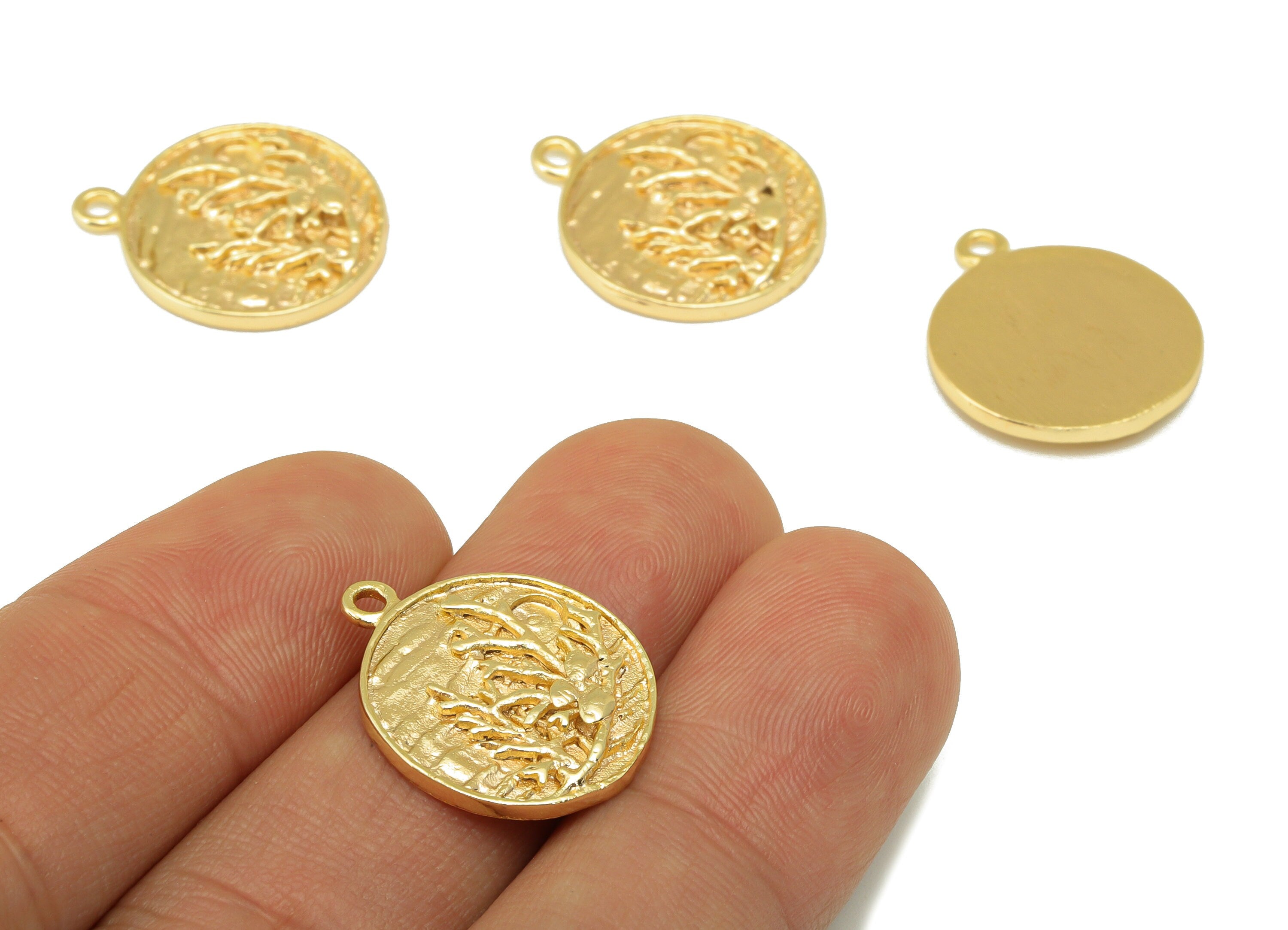 Brass Textured Earring Charm - Round Branch Charm - Water Plant Charm - For Necklace - 18K Real Gold Plated -20.86x 17.55 x 2.11mm-RGP6290 - DOMEDBAZAAR