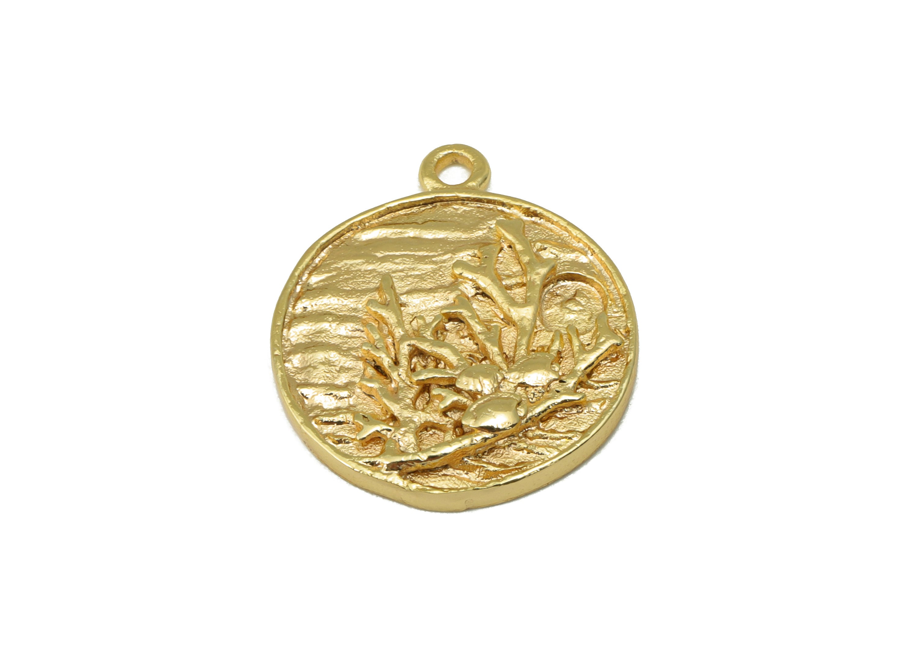 Brass Textured Earring Charm - Round Branch Charm - Water Plant Charm - For Necklace - 18K Real Gold Plated -20.86x 17.55 x 2.11mm-RGP6290 - DOMEDBAZAAR